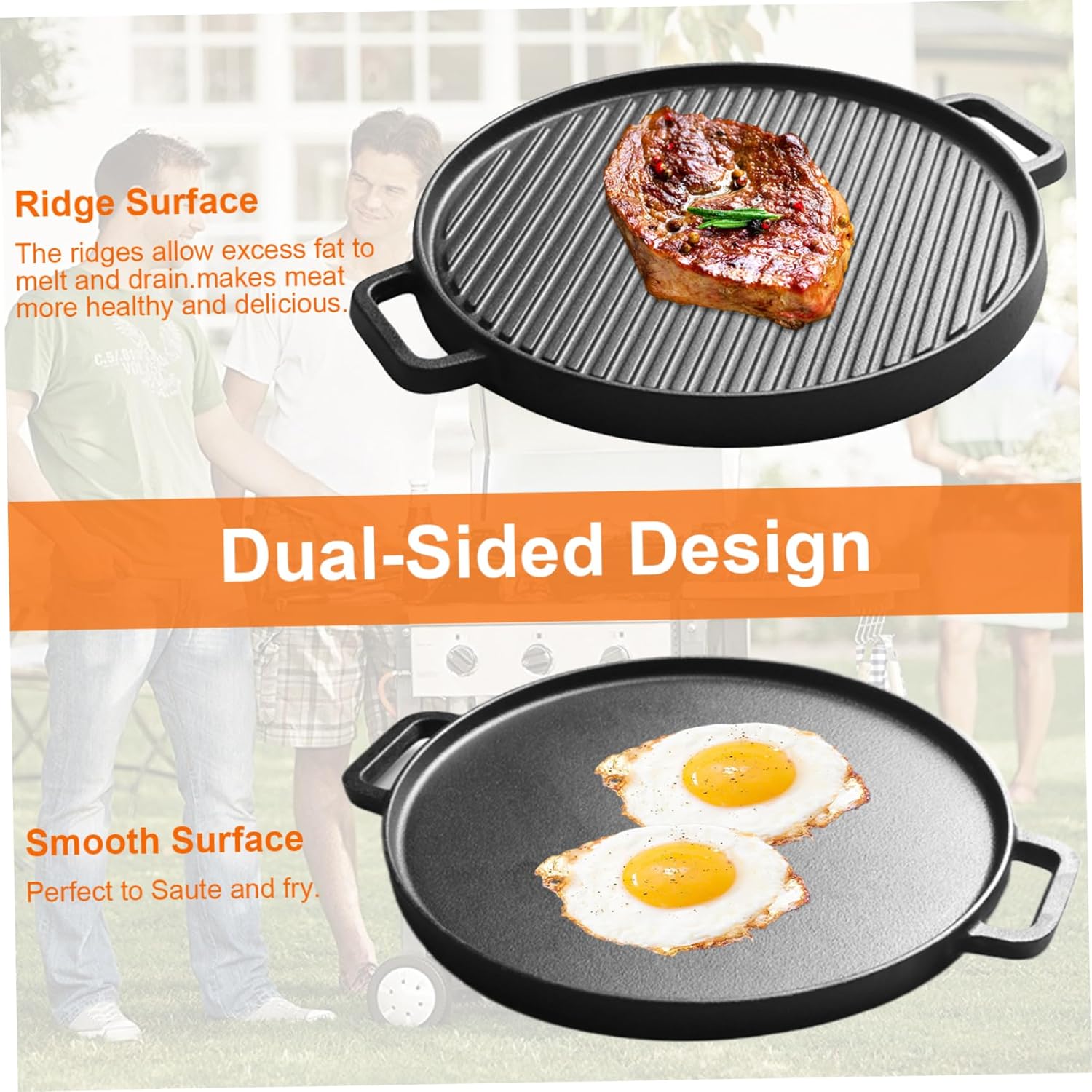 Cast Iron Griddle Pan 11.8 Dia Dual-Sided Non-Stick Grill Pan Coating Free Bbq Griddle Plate with Handles for Induction Gas Halogen Stoves