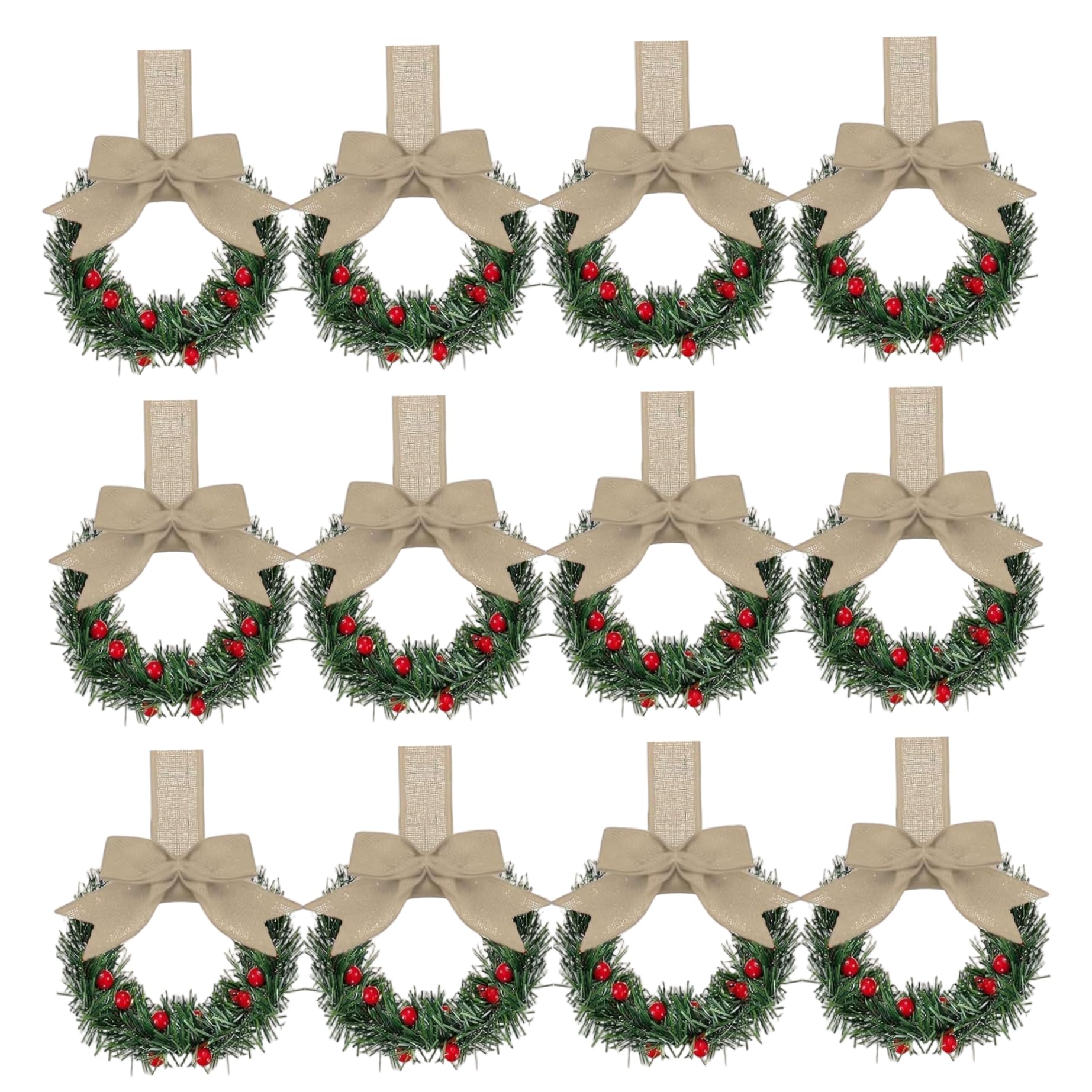 CAKEEYUM Mini Wreaths for Cabinets 12PCS 6 Inch Small Christmas Wreath with Brown Ribbon Bows and Red Berry for Window Door Farmhouse Christmas Party Decorations Brown Wreath, Mini Wreaths
