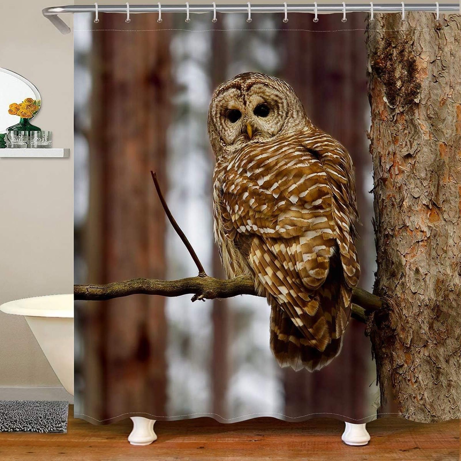 Tizhweqo 3D Owl Shower Curtain 90x180 cm, Owl Print Anti Mould Shower Curtains Bath Curtain Waterproof Polyester Fabric Decorative Bathroom Curtains with Hooks