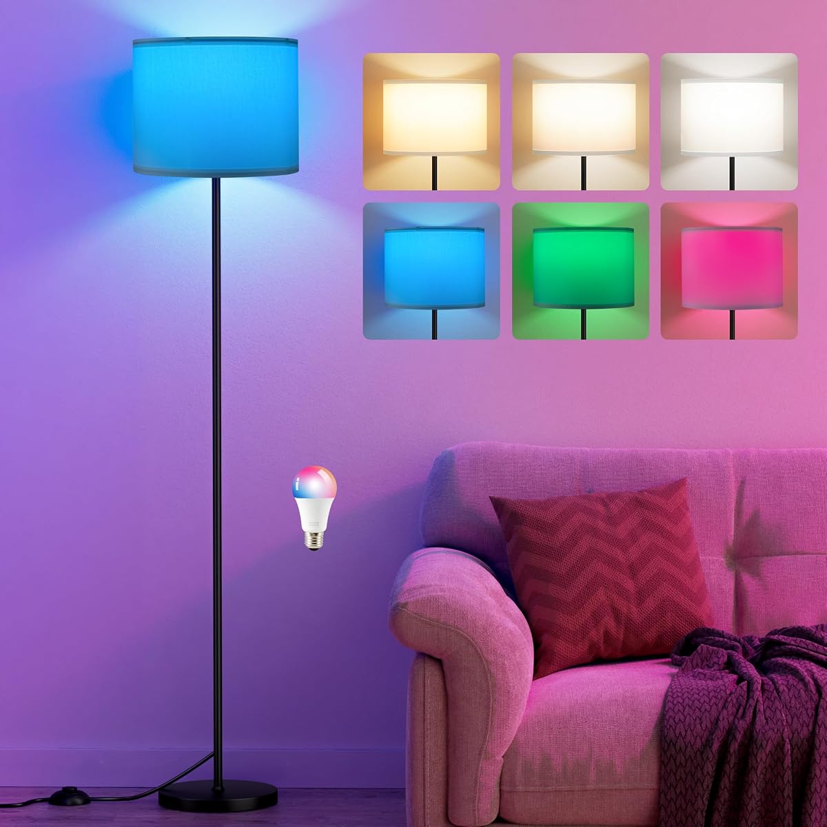 Ambimall Floor Lamp with Smart Light Bulb, RGB & Dimmable, 60 inches, Metal,