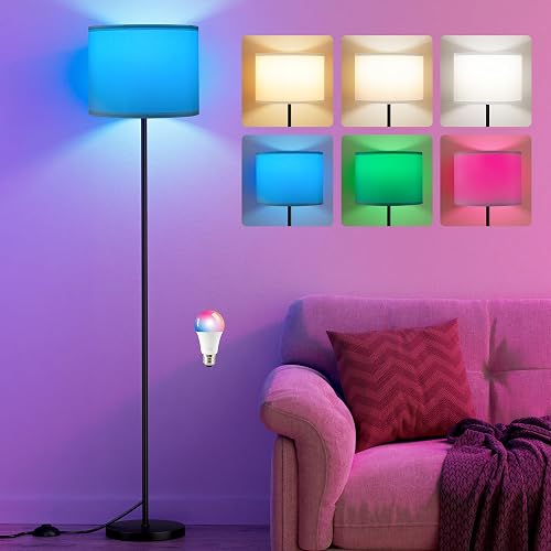 Ambimall Floor Lamp for Living Room with Smart Light Bulb, RGB + Stepless Dimmable Colors Temperature & Brightness(White Shade & Black Pole) - White Black (1 Pcs) - 60 Inches (Included Bulb)