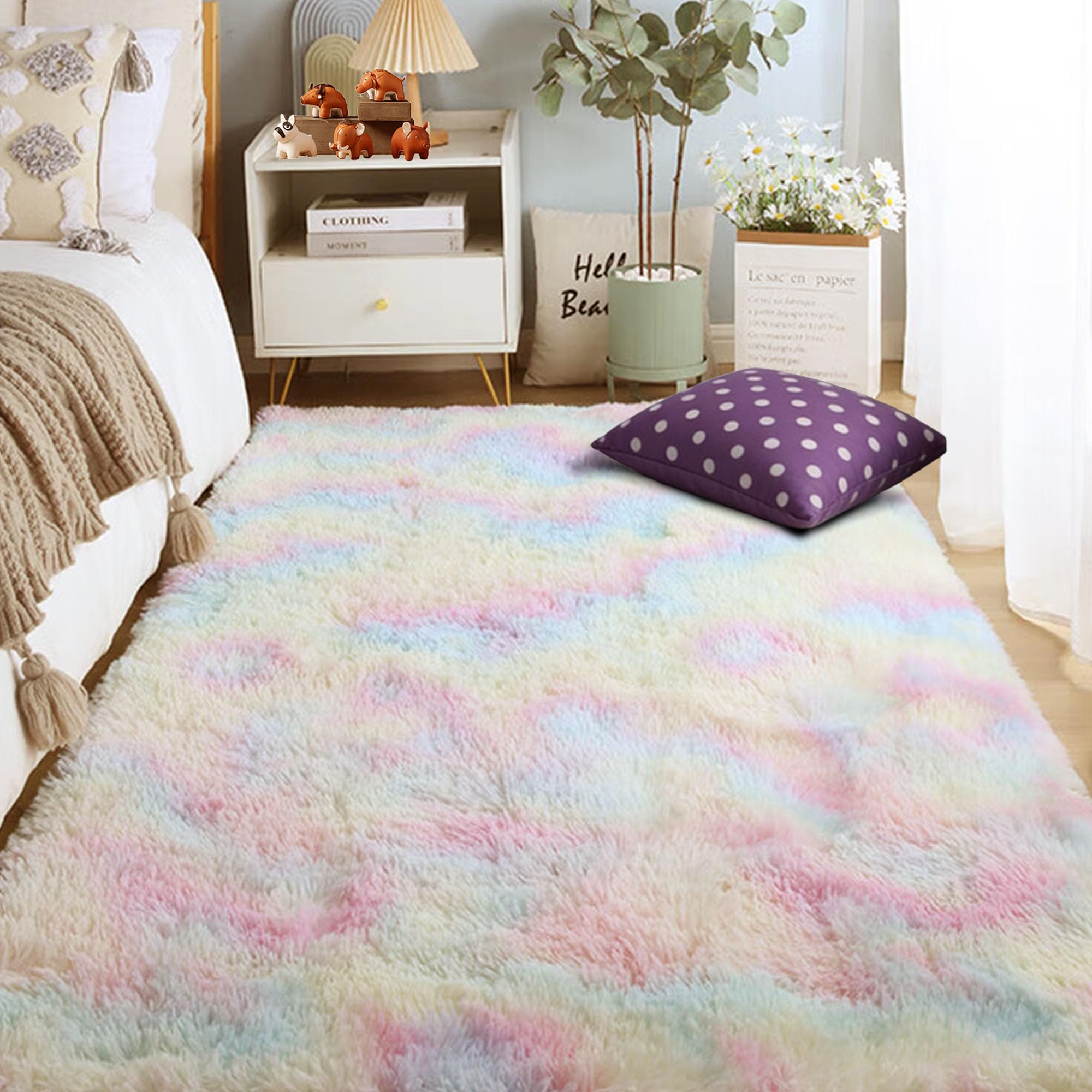 Tapis de salon moelleux à poils longs 110x200 cm doux et antidérapant multicolore