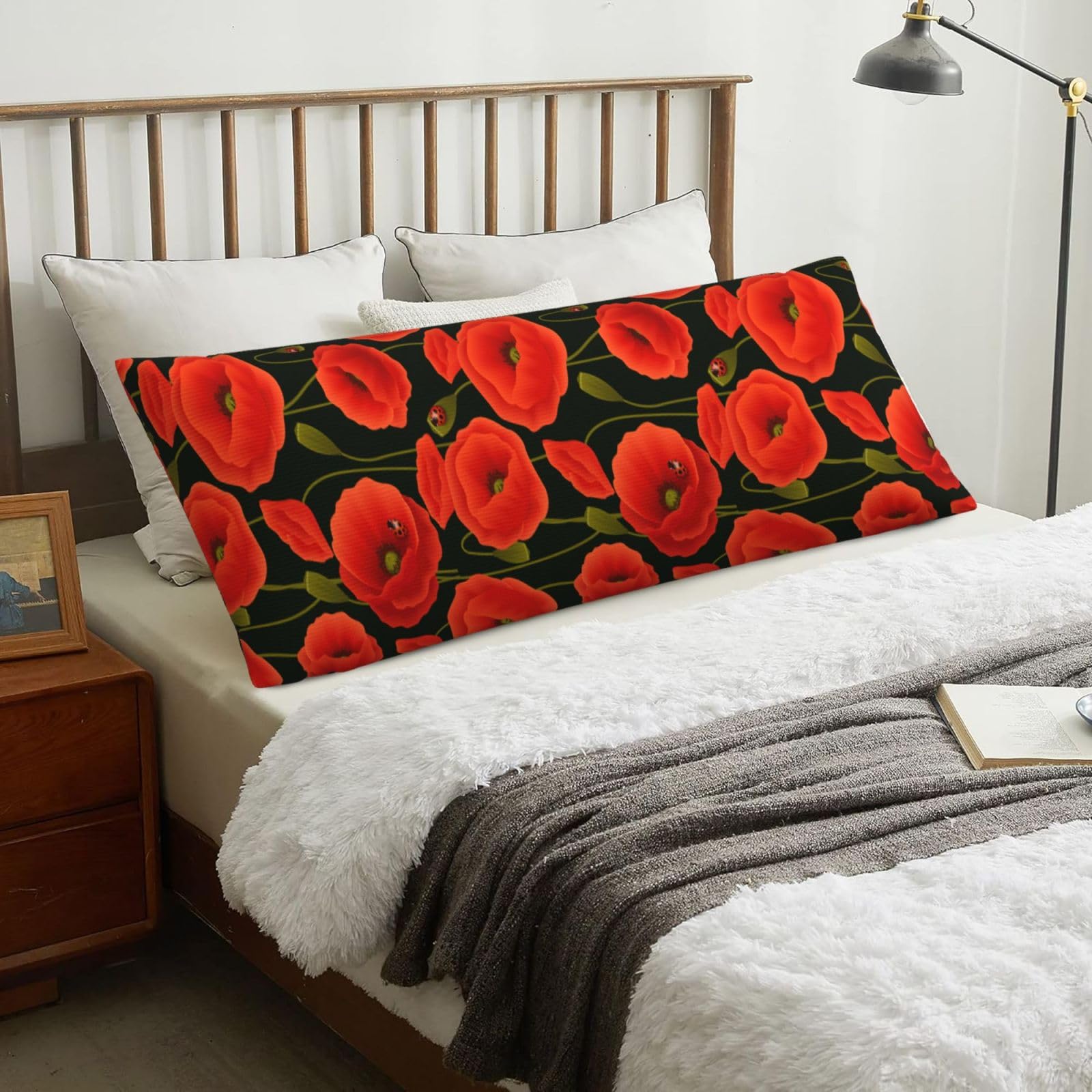 Poppy Flowers, Body Pillow Cover with Zipper,Long Body Pillowcase 20 x 60 in