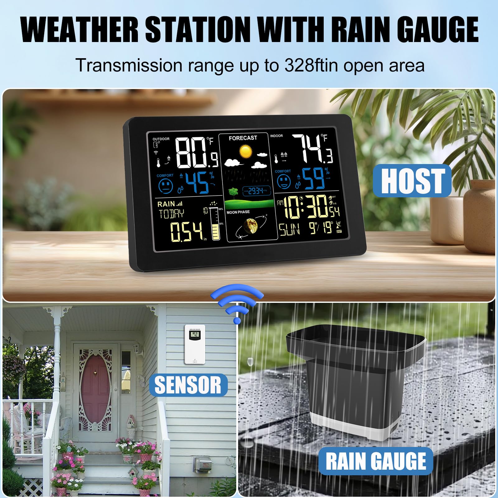 Stazione meteo con pluviometro per esterni, stazioni meteo domestiche, wireless, per interni ed esterni, con pluviometro digitale, termometro, barometro, igrometro, orologio atomico, previsioni meteo