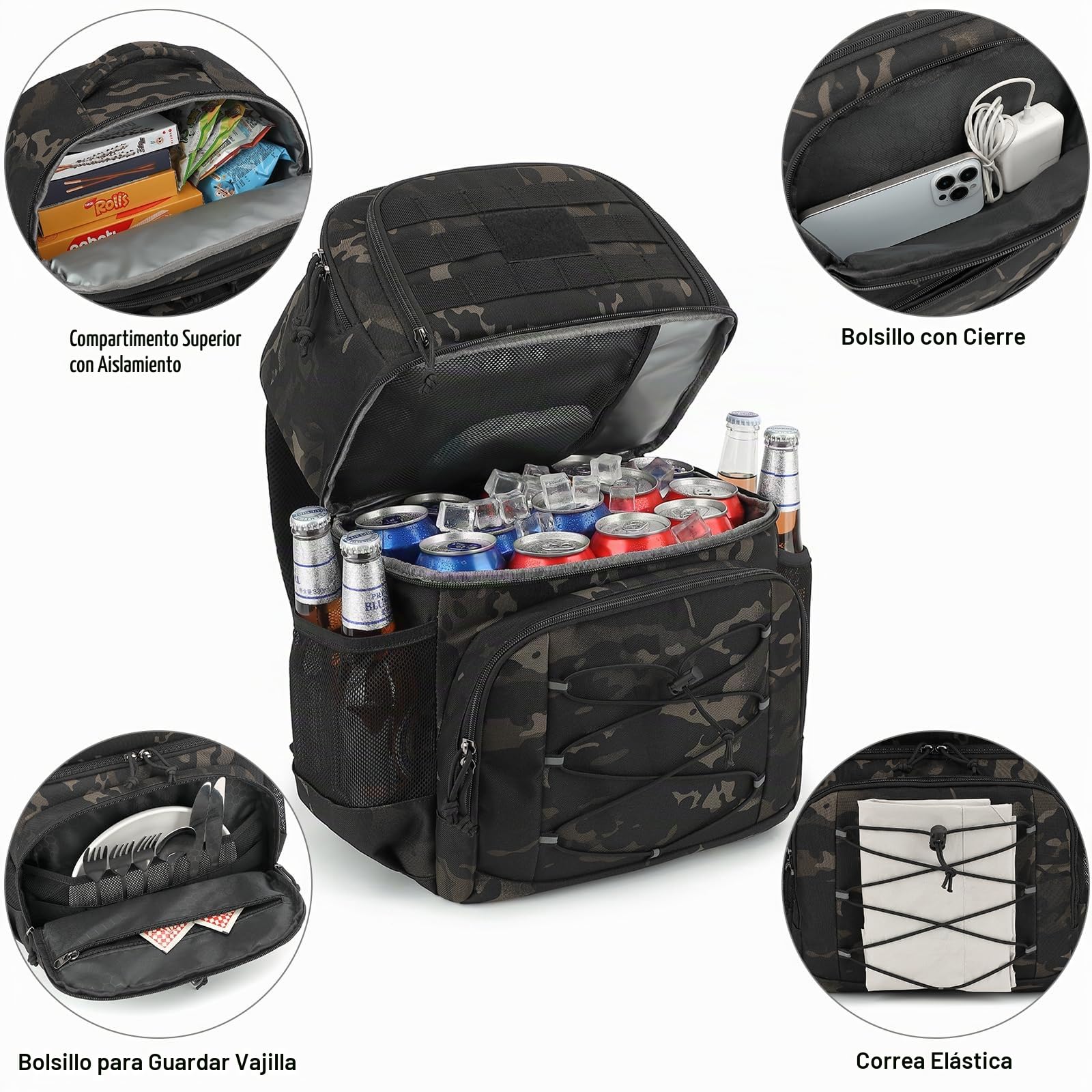 Mochila Nevera Táctica 20L Mochila Termica Pequeña con doble compartimento para hombre y Mujeres Prueba de Fugas Bolsas Isotermica para Trabajo , Playa, Picnics, Campingaz, Camuflaje