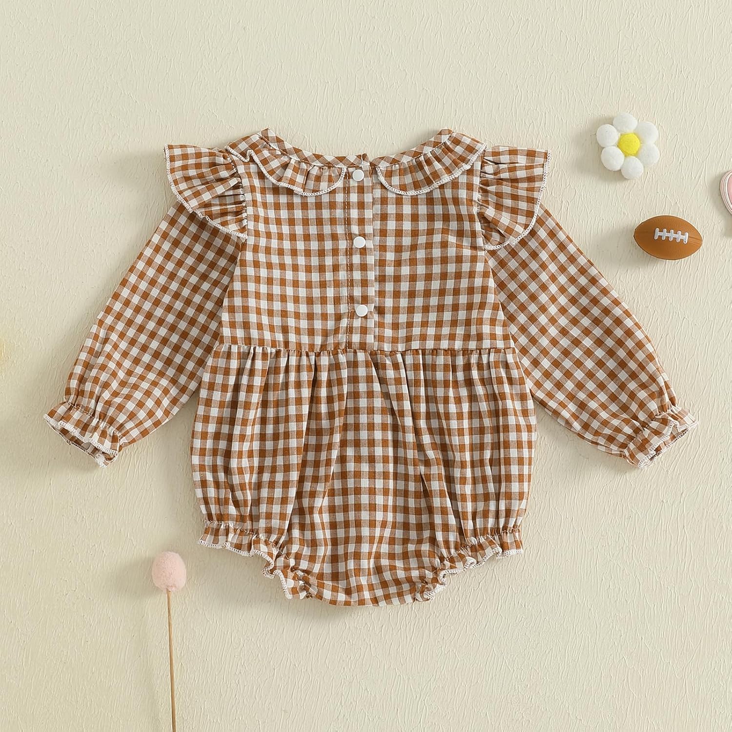 Baby Girl Football Outfit Long Sleeve Embroidery Plaid Smocked Romper Cute Fall Winter Gingham Jumpsuit Clothes - Image 4