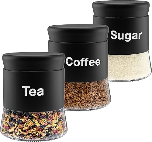 Juego de recipientes de café de té de azúcar, recipientes negros para cocina, acero inoxidable con redacción, juego de recipientes de café de té de