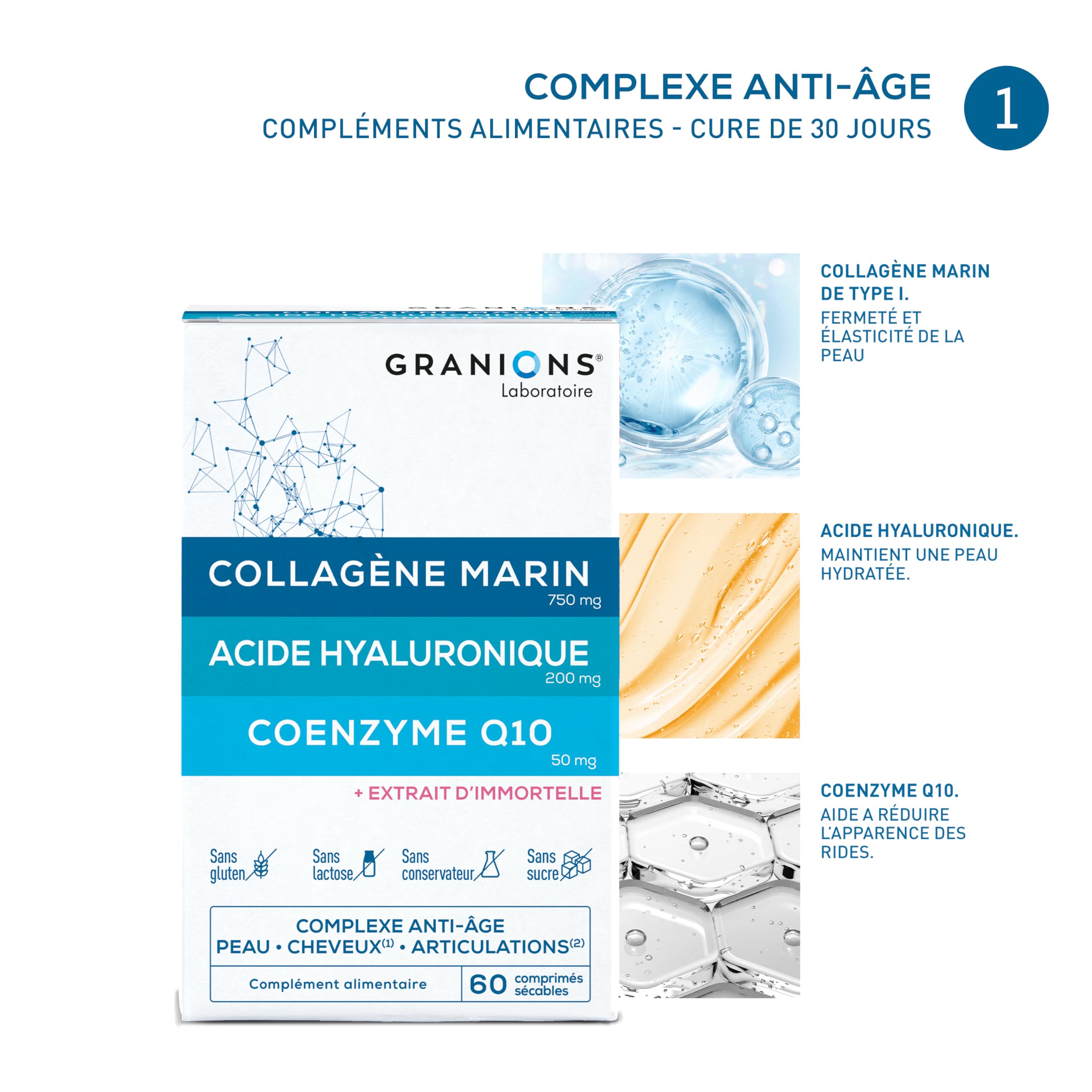 GRANIONS Coffret IN & OUT – Collagene Marin & Acide Hyaluronique – Complement alimentaire anti-age + Creme Jour Raffermissante + Rouleau de Jade & Gua Sha – Anti-Rides Visage – Routine complète IN&OUT