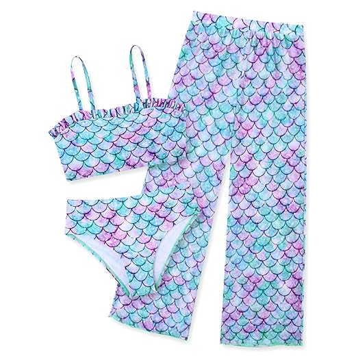 Kids Tankini Bathing Suits for Girl 5t 6t Mermaid Swimsuits with Tulle Pants 5-6 Years Little Girls Summer Beach Quick Dry Rashguard Bikini Sets Size 5 6 Children UPF 50+ Sun Protection Cute Sunsuits