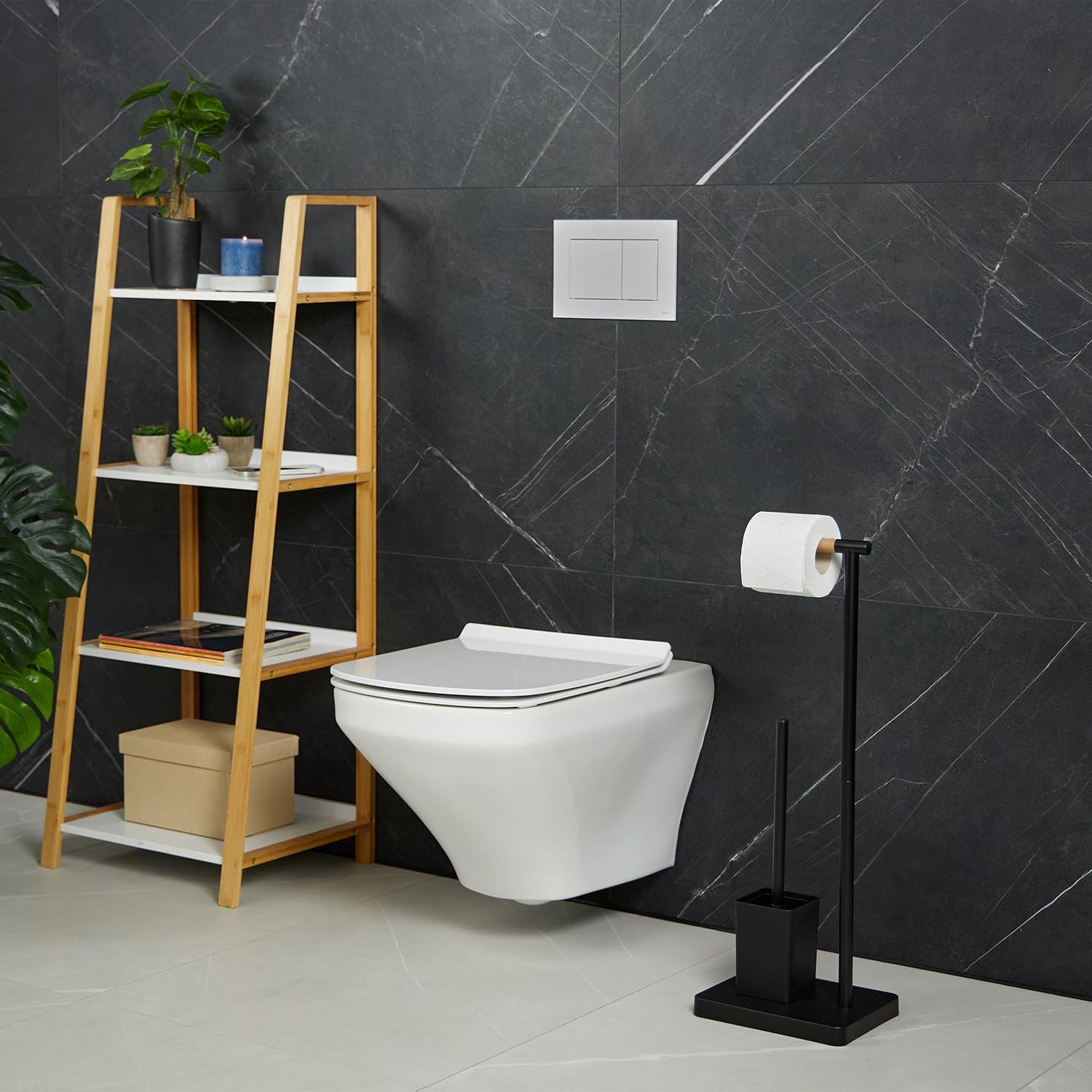 Relaxdays Standing Toilet Paper Holder Toilet Brush with Brush Holder 66.5 x 23 x 18 cm Stainless Steel Black