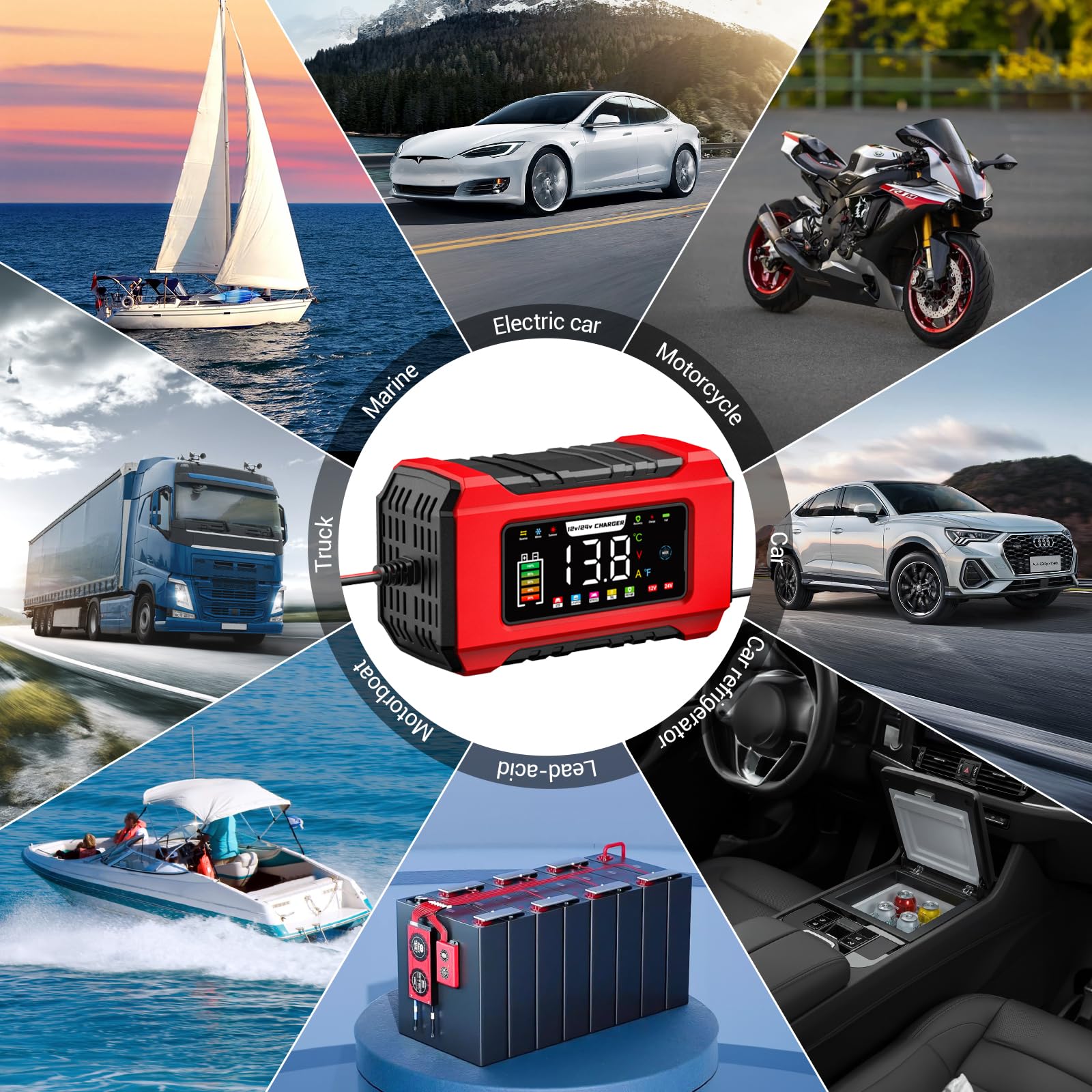 Ładowarka samochodowa 15 A, 12 V/24 V, elektryczna ładowarka samochodowa z inteligentną pamięcią, 9 kroków ładowania, ładowarka motocyklowa LiFePO4 z wyświetlaczem LCD