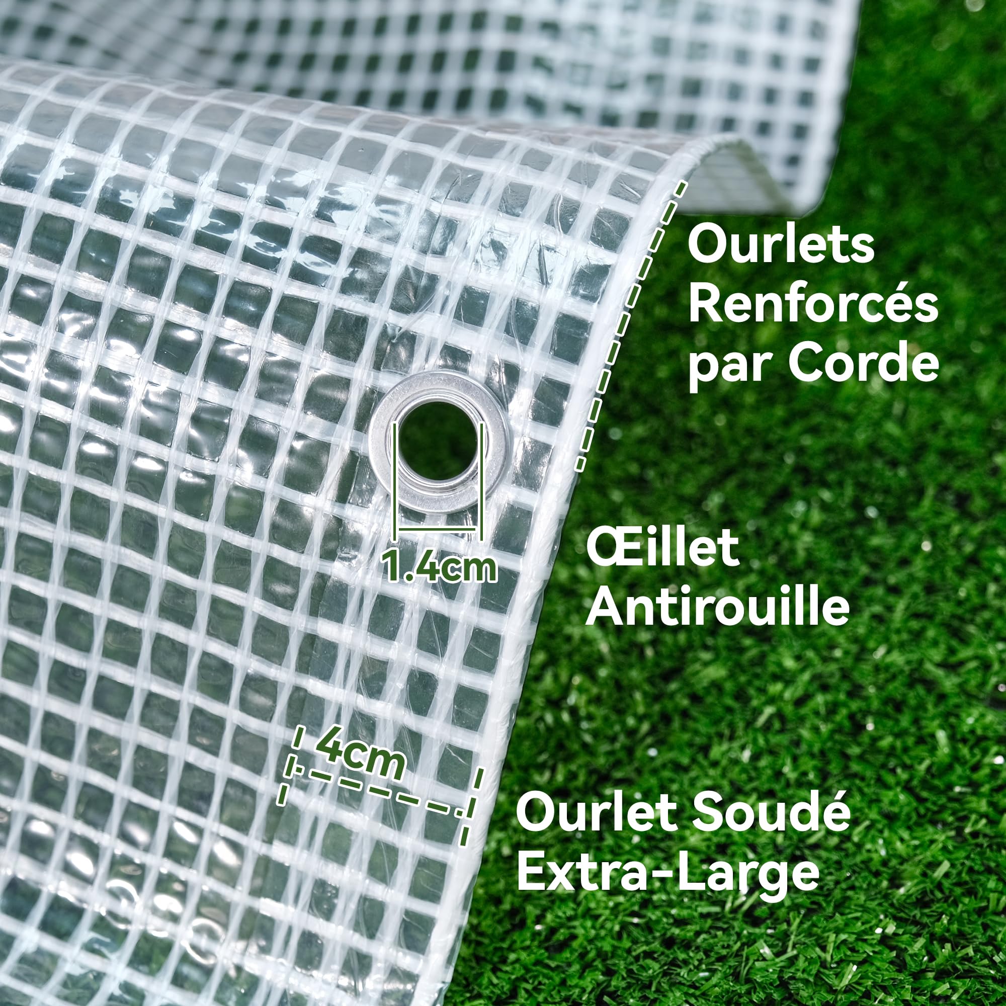 Bâche Transparente Extérieur 2x2m Dimensions Finies, avec Oeillets, Haute Résistance 165 g/m² Armée, Imperméable, Idéale pour Serre, Jardin, Poulailler et Protection Balcon Contre la Pluie