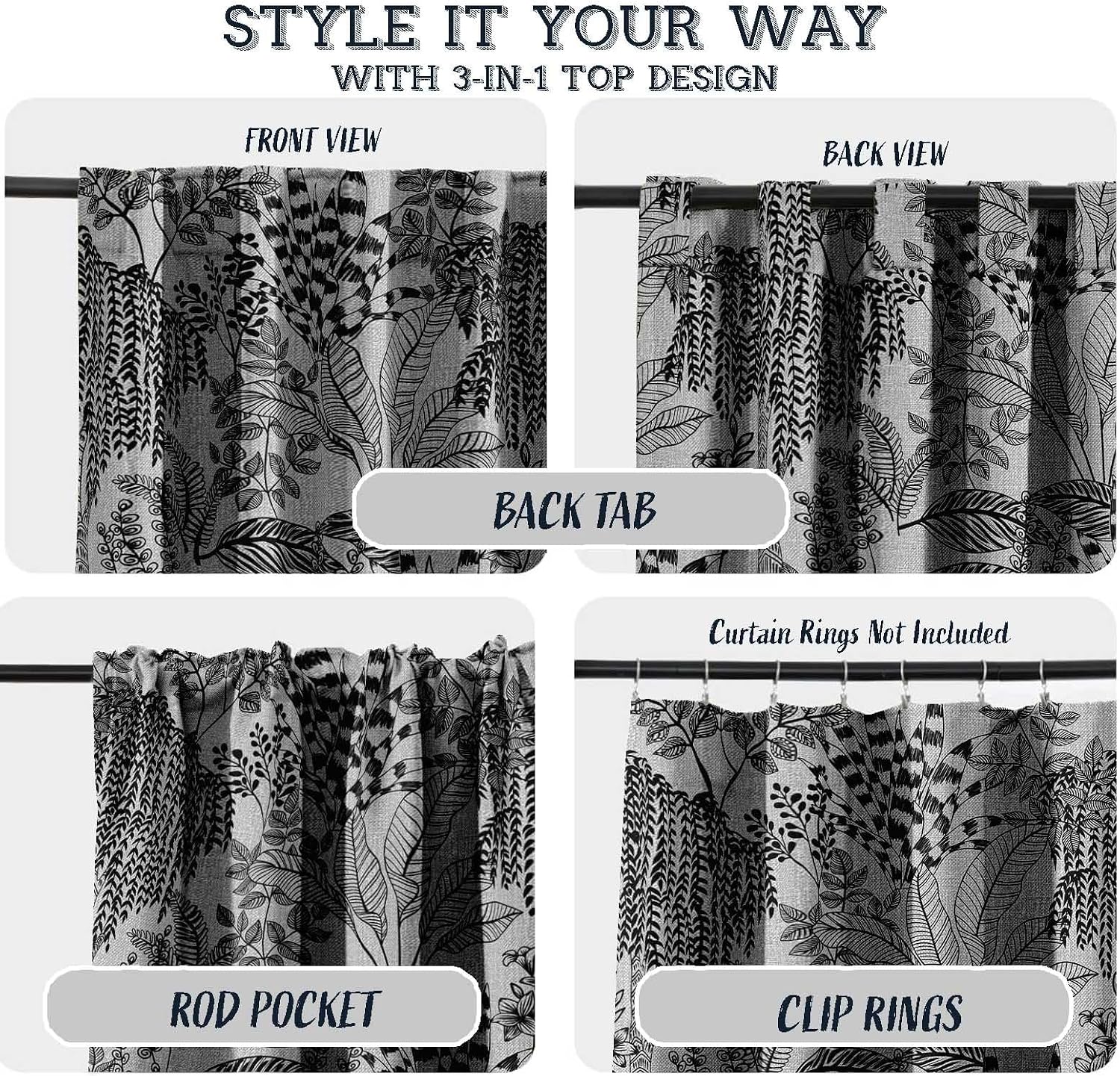 Cotton Curtains for Windows - 3-in-1 Rod Pocket/Back Tab Short Window Drapes - Light Filtering Cotton Canvas Panels - Set of 2, 52"x63" - Leaves Print (Gray)