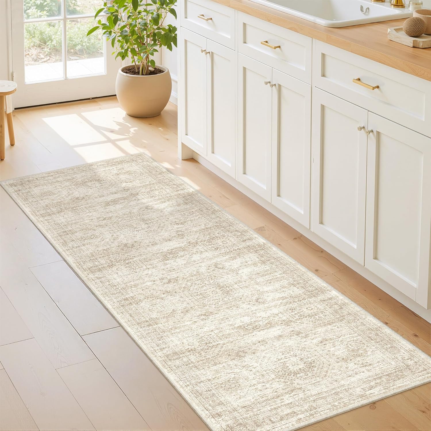 Washable Runner Rugs for Bedroom - 2x6 Runner Rug Non Slip, Ultra-Thin Entryway Runner, Soft Abstract Kitchen Runner for Hallway, Laundry, Bathroom, Indoor Door Mat(2'x6', Beige/Ivory)