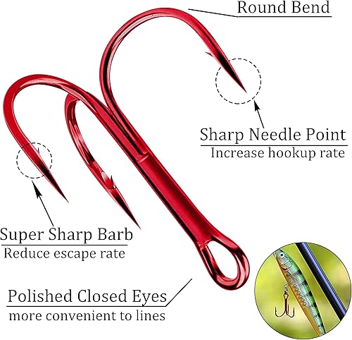 Miniatura 2 de Kit de 180 ganchos agudos de pesca, ganchos agudos rojos afilados, redondos, de acero de alto carbono, ganchos de púas fuertes con anillos divididos