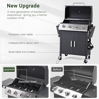 HUGROVE 4-Burner Propane Gas BBQ Grill with Wheels, 40,000 BTU Output Stainless Steel Barbecue Grill for Backyard & Outdoor Cooking Easy Assembly, Foldable Side Tables & Spice Rack (Black)