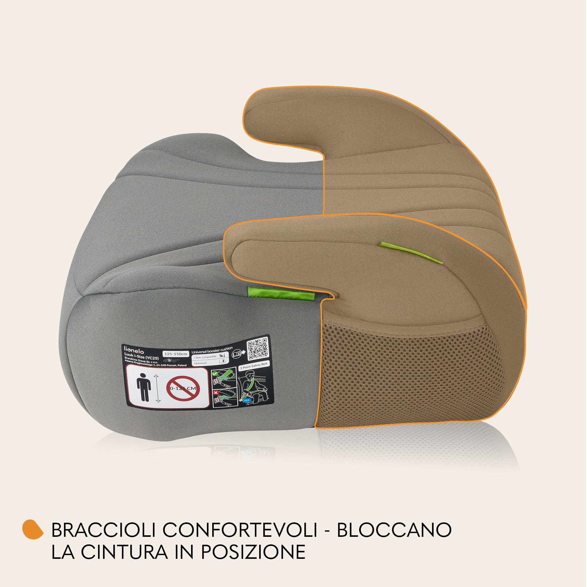 Lionelo Rialzo Auto per bambini LUUK I-Size Gruppo 2/3, 125-150 cm (22-36kg) Booster Leggero 1,6 kg e Comodo - Schiuma Adattiva, Braccioli, Traspirante e Lavabile, Facile installazione con cintura