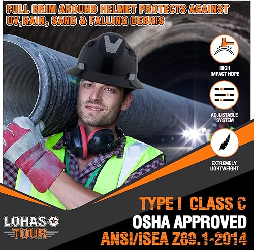 Miniatura 3 de Casco de seguridad de ala completa ventilado ANSI Z89.1 aprobado por la OSHA para hombres, mujeres y adultos