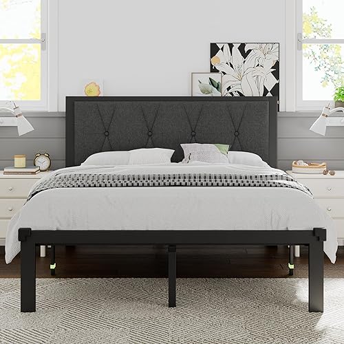 Base de cama de metal tamaño Queen, cama de plataforma con cabecera tapizada con botones, almacenamiento debajo de la cama de 12 pulgadas, soporte
