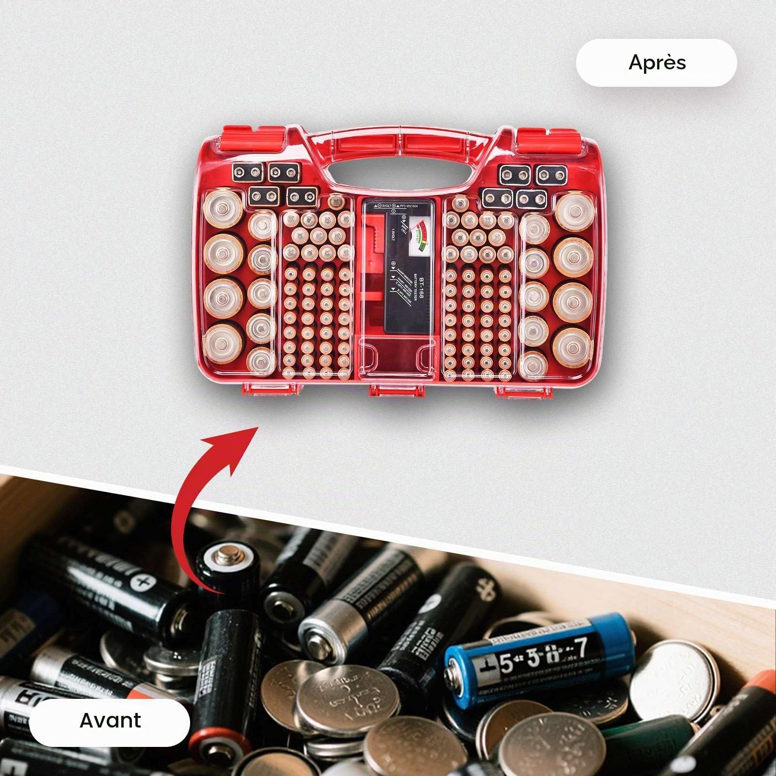 Boîte de rangement pour 180 piles AA, AAA, C, D, 9 V, rouge