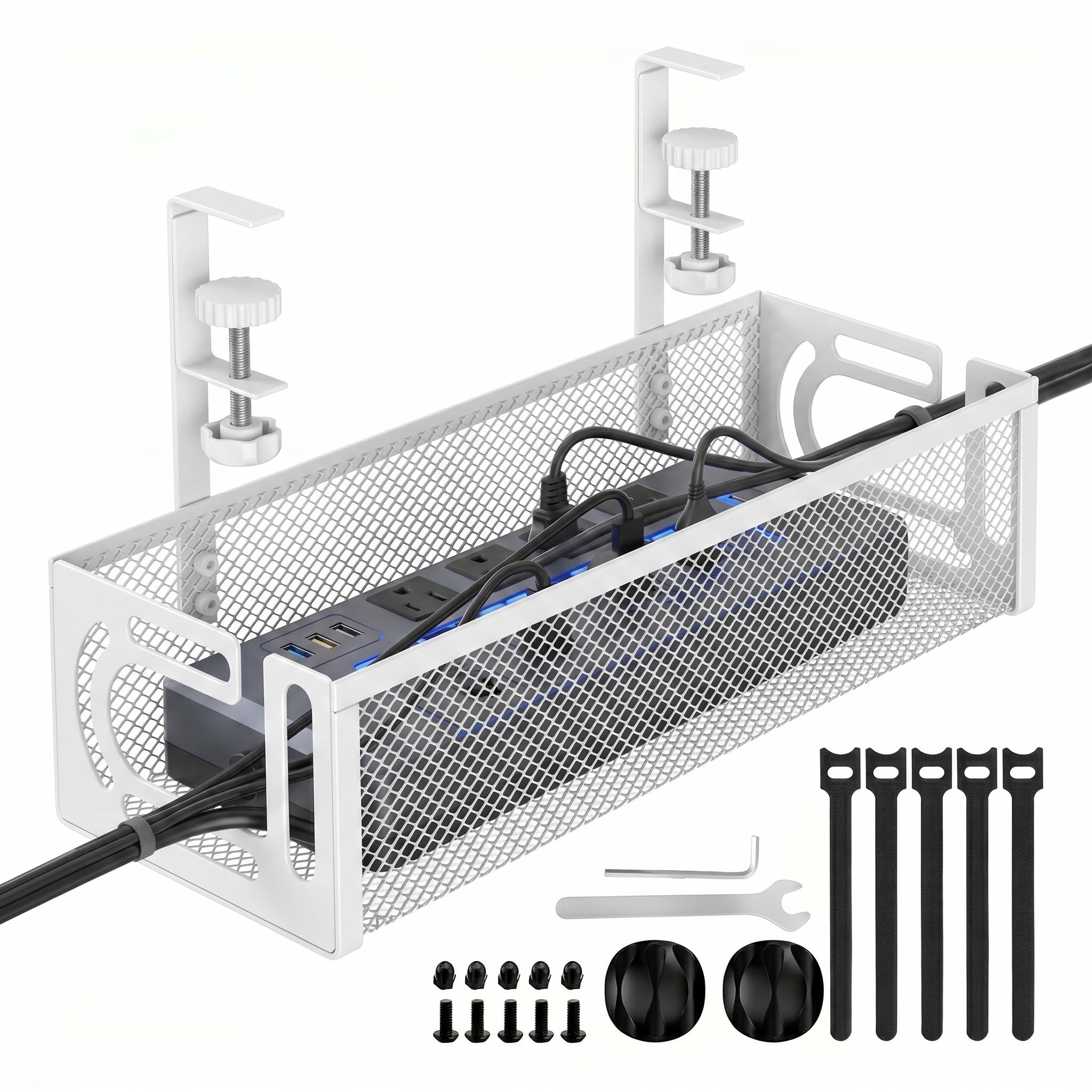 EcoFirst Under Desk Cable Management Tray No Drill Clamp Mount - Carbon Steel Mesh Wire Organiser for Standing Desk, Home, Office - Heavy Duty Basket with Side Access Design and Protective Pads, White