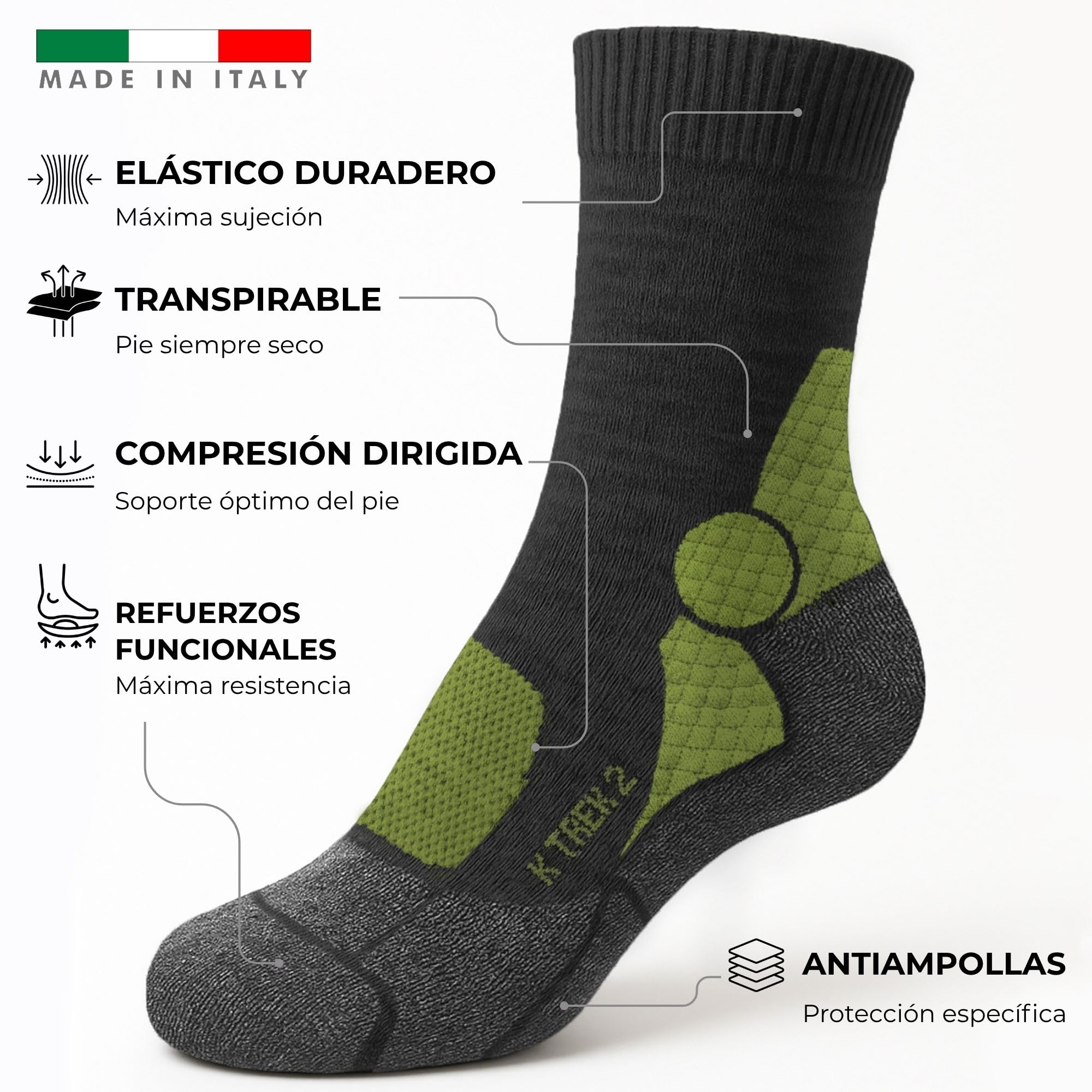 Kaiera - Trek Mid - 3 Pares Calcetines Técnicos de Trekking de Lana Merina, cómodos para las 4 Estaciones, Reforzados y Made in Italy