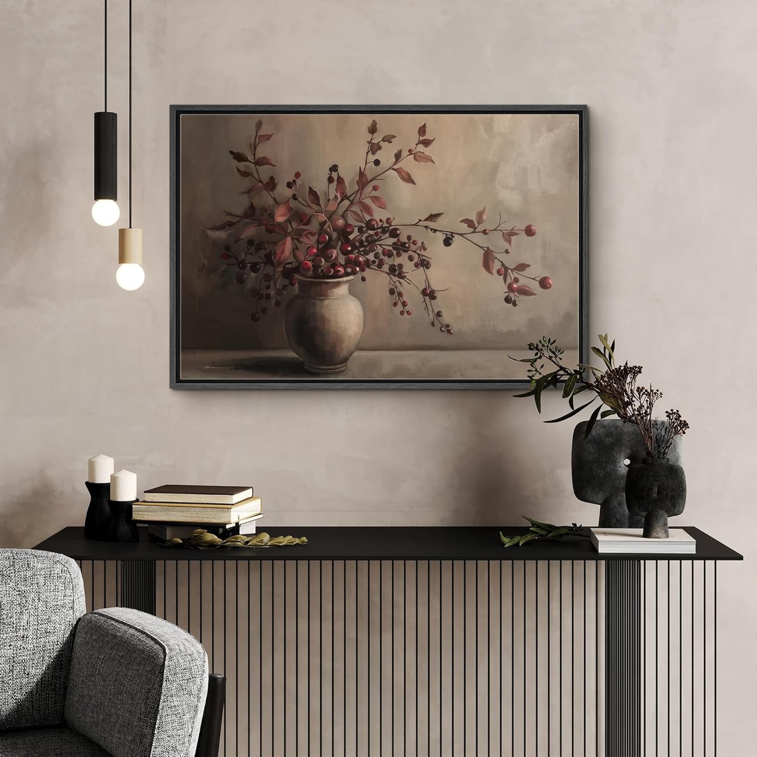 SIGNFORD Framed Canvas Print Wall Art Rustic Berries in Vase Traditional Still Life with Warm Tones Illustrations Modern Art Decorative Relax/Calm for Living Room, Bedroom, Office - 16"x24" Black