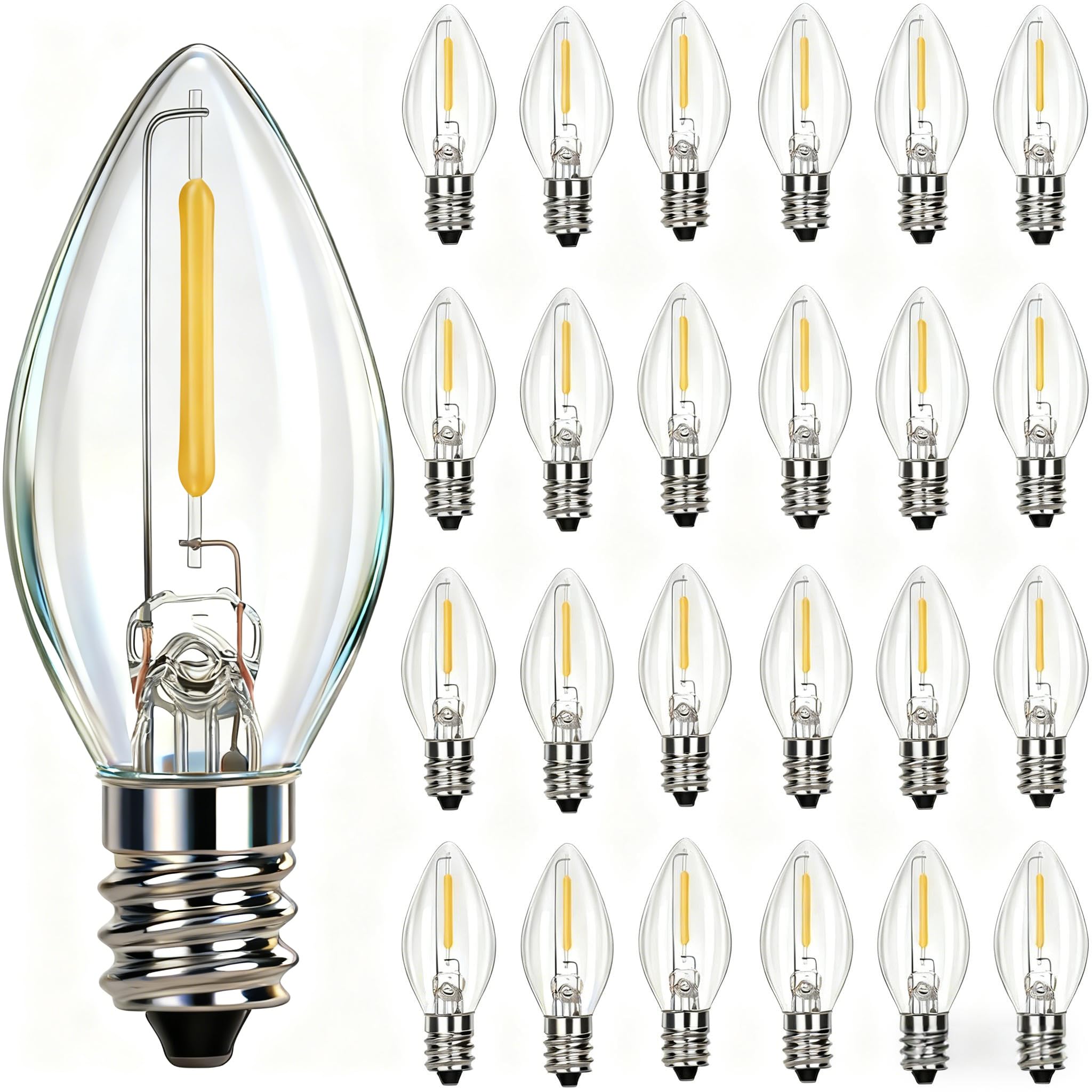 25 Pack C7 LED Warm White Christmas Light Bulbs E12 LED Replacement Bulbs for Indoor Outdoor Christmas String
