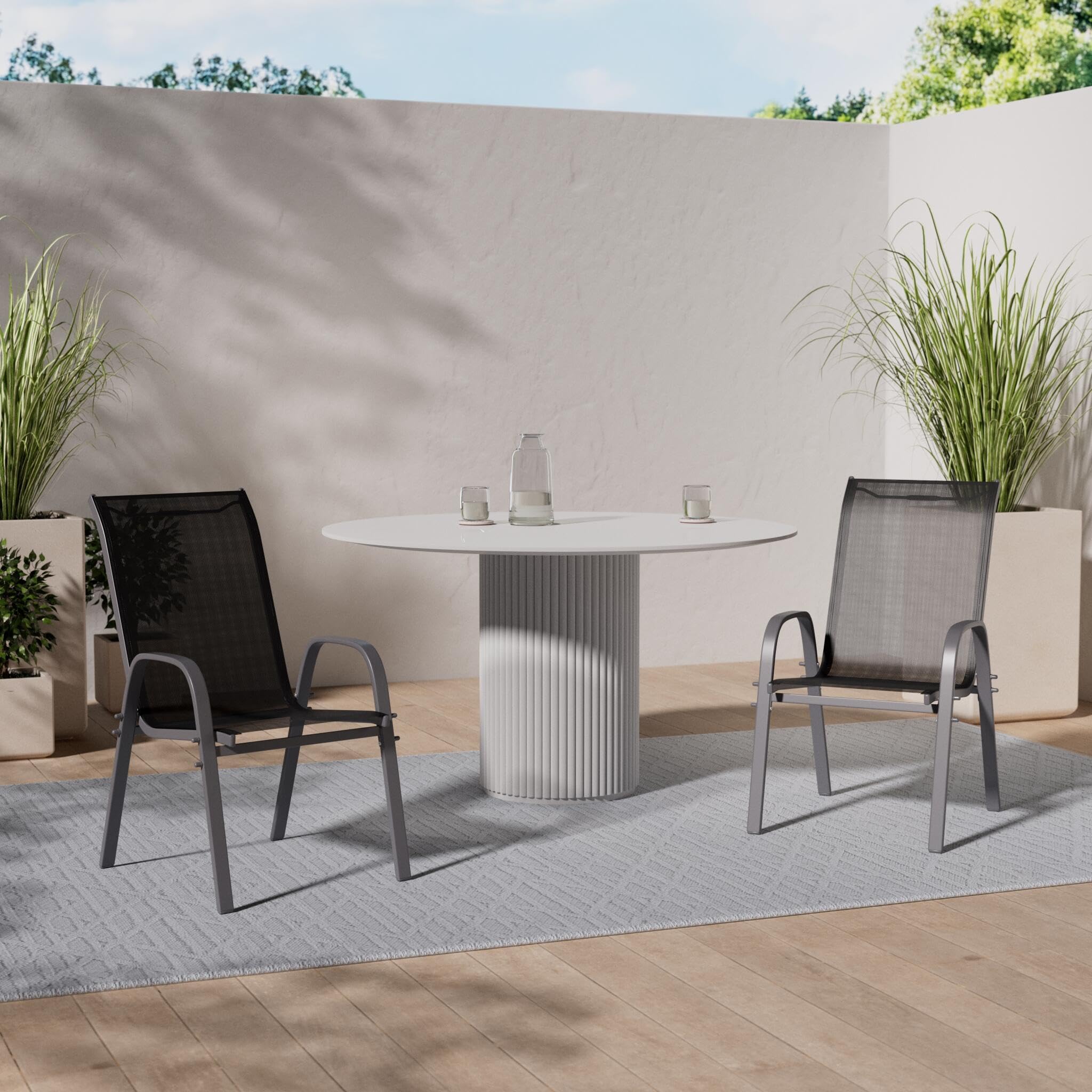 Nexos 4er Set Stapelstuhl aus Textilene + Stahl – Farbe: Rahmen anthrazit/Bespannung schwarz