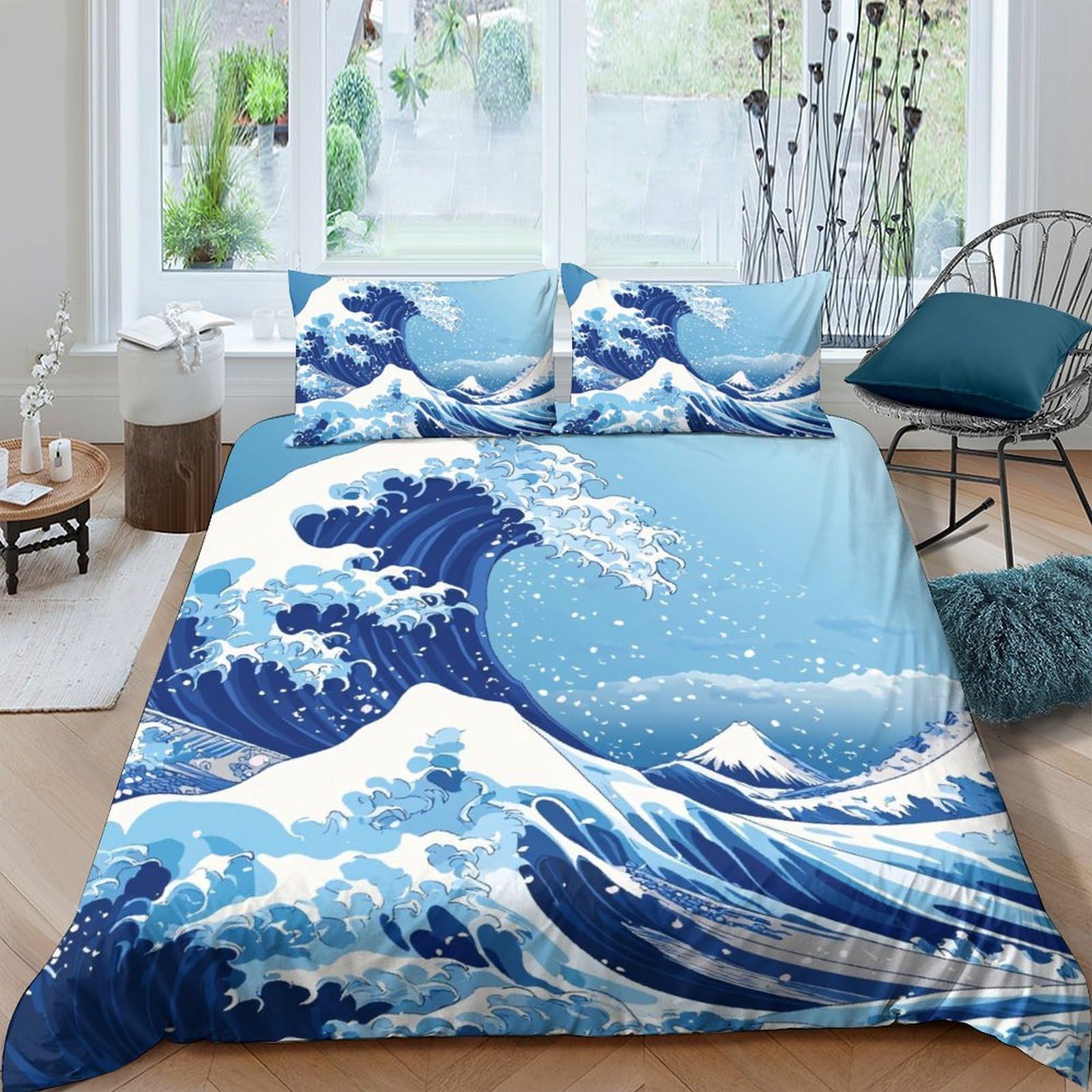 Ctjqhvkz Style-1 3D Printed Great Wave Fitted Sheet Microfiber Soft Blue Ocean Art Bed Cover For Bedroom Dorm Mattress Protection Decor Single（135X200cm）