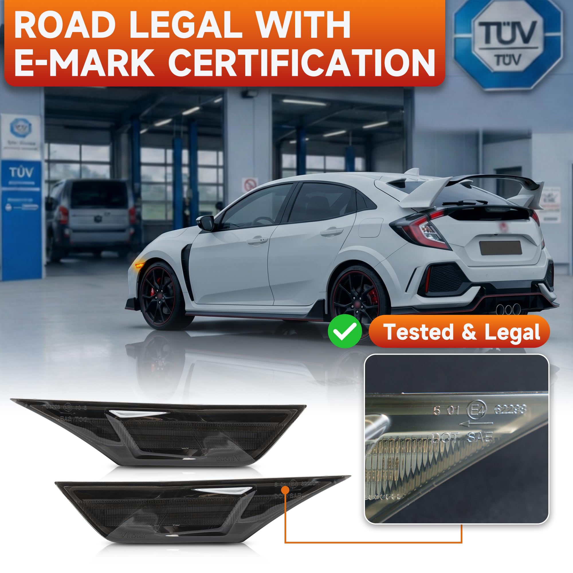 Boczne światła pozycyjne LED przydymione do Honda Civic Sedan MK10 2016 2017 2018 2019 2020 2021 - przednie światła boczne bursztynowe LED - Canbus kierunkowskazy bez błędów