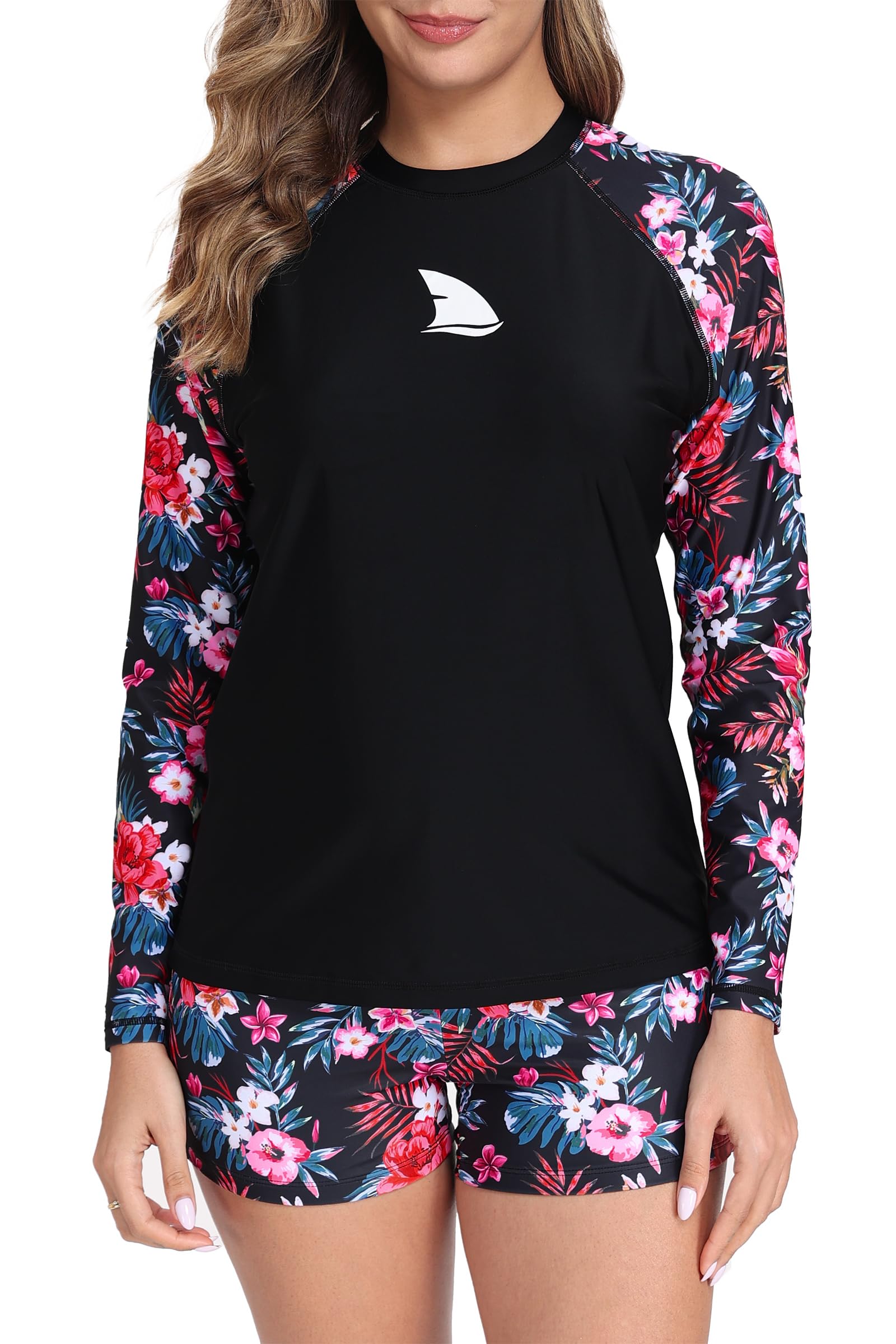 Womens Long Sleeve Two Piece Rash Guard with Built in Bra Swim Shirts with Shorts UPF50 Quick Dry