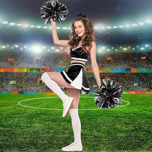 Miniatura 167 de Hanaive 3 pompones de animadora y lazo grande para animadora para el pelo, suministros metálicos para animadora de espíritu de equipo, deportes