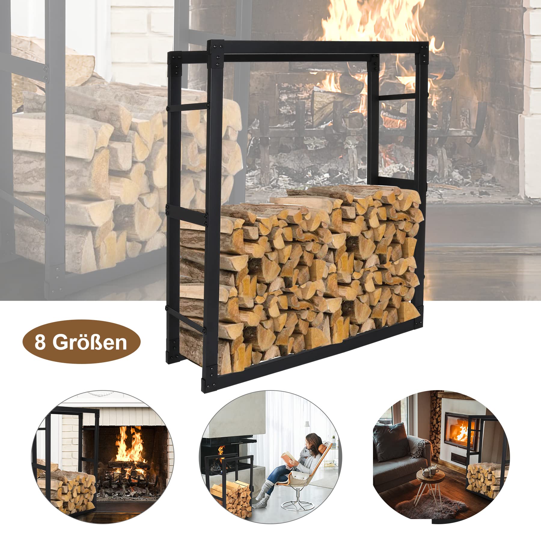 Lospitch Étagère pour bûches de cheminée en acier, Support intérieur pour bois de chauffage stable, Pour bûches, Aide à l'empilage - Butler en bois stable, Noir (25 x 80 x 100 cm)