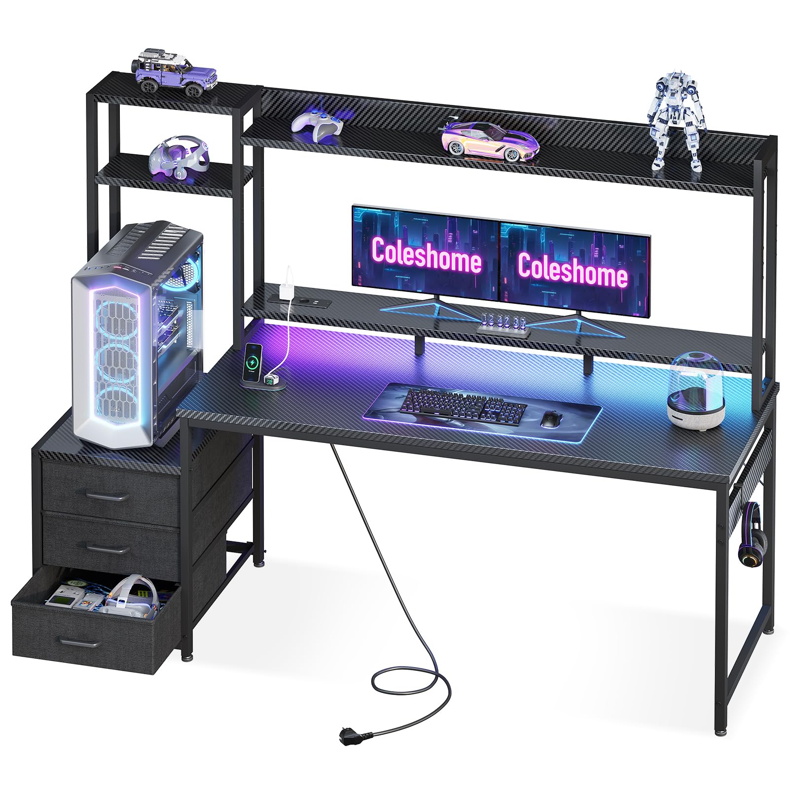 Coleshome Scrivania Gaming con Libreria e Cassetti, Tavolo Gaming con Illuminazione LED & Presa di Corrente, Scrivania Computer con Ripiani di Archiviazione (Nero Fibra di Carbonio, 161×48 cm)