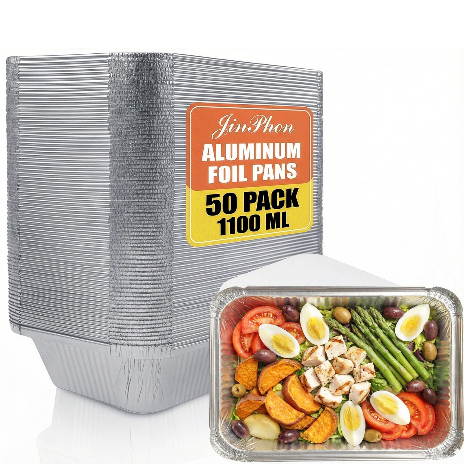 50x Vaschette Alluminio con Coperchio, Vaschette 1100 ml Resistenti - Contenitori Alimentari per Forno e Freezer - Teglie Rettangolari Ideali per Lasagne, Barbecue e Batch Cooking