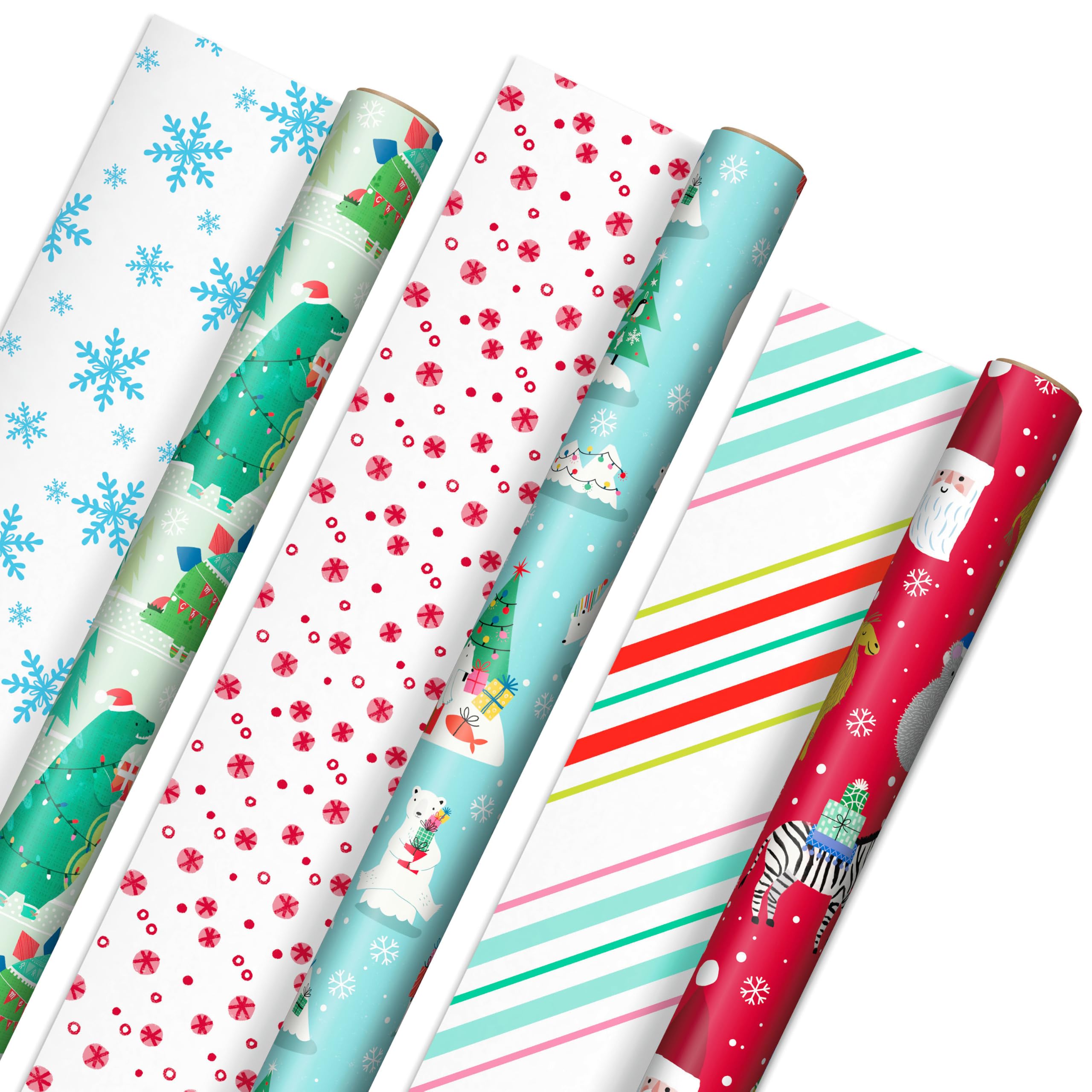 Hallmark Papel de regalo de Navidad reversible de moda para niños (3 rollos: 120 pies cuadrados) dinosaurios, koalas, osos polares, pingüinos, camellos, cebras, rayas
