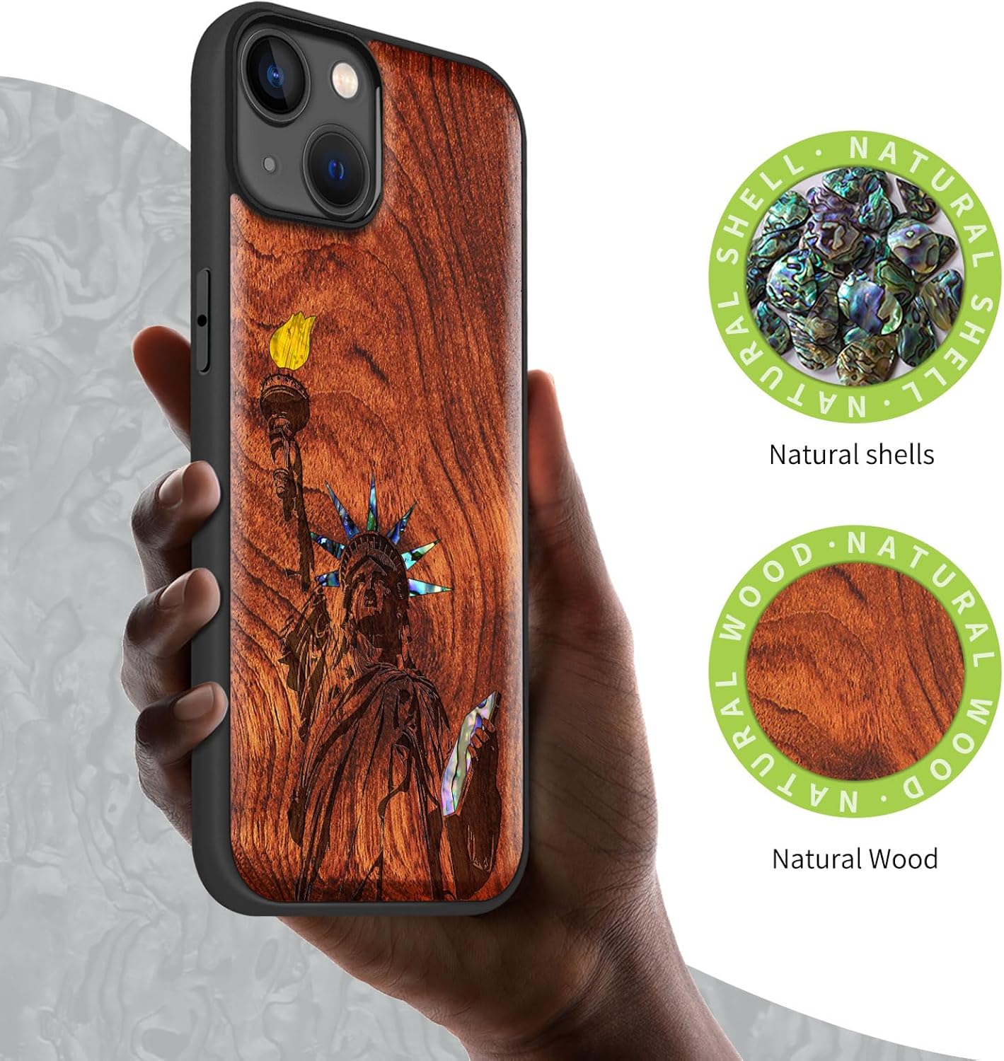 Carveit Wooden Case for iPhone 15 Plus Magnetic Case, Compatible with MagSafe Wireless Chargers, Shockproof Cover, Handmade Shell Inlaid & Wood Artisan Engraved (Statue of Liberty) Rosy