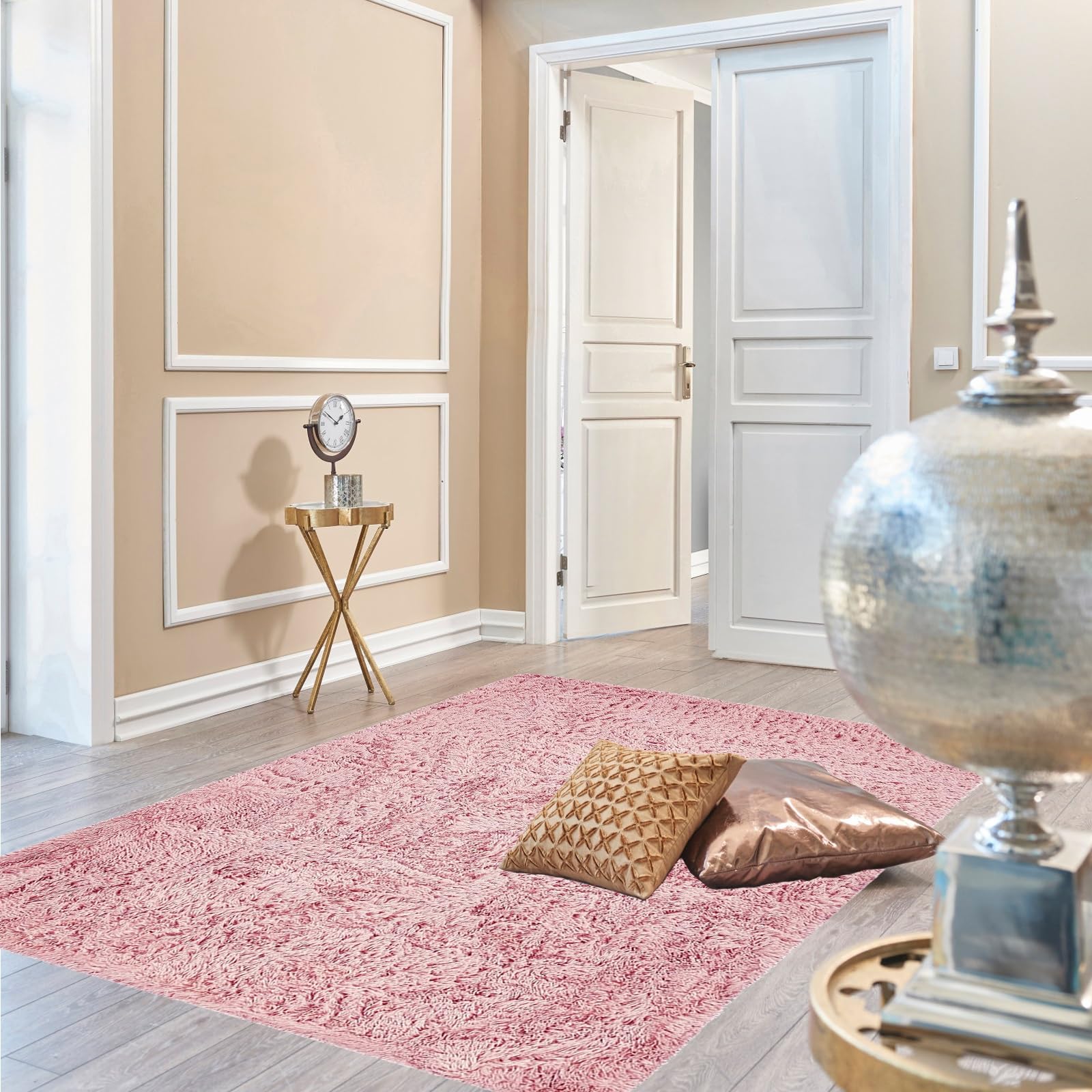 Wohnzimmer Teppich, Outdoor Teppich 100 x 120 cm Langflor Teppiche Modern, Lammfellimitat Teppich weich und elegant, waschbar für Schlafzimmer Kinderzimmer, Rosa