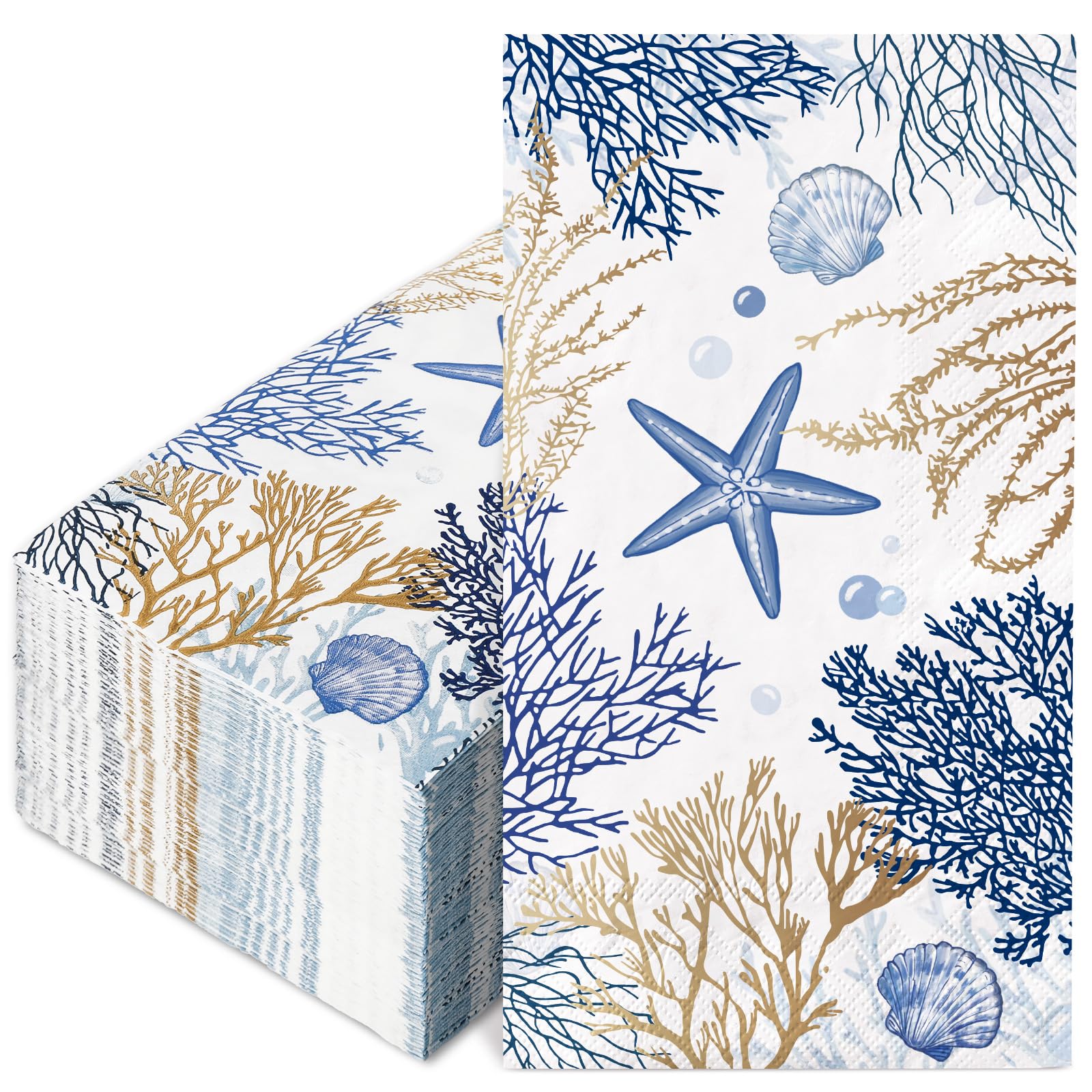 100Pcs Ocean Guest Napkins Gold Foil Blue Coral Starfish Disposable Napkins Coastal Beach Dinner Hand Towel Paper Napkins for Bathroom Wedding Baby Shower Party Table Decor