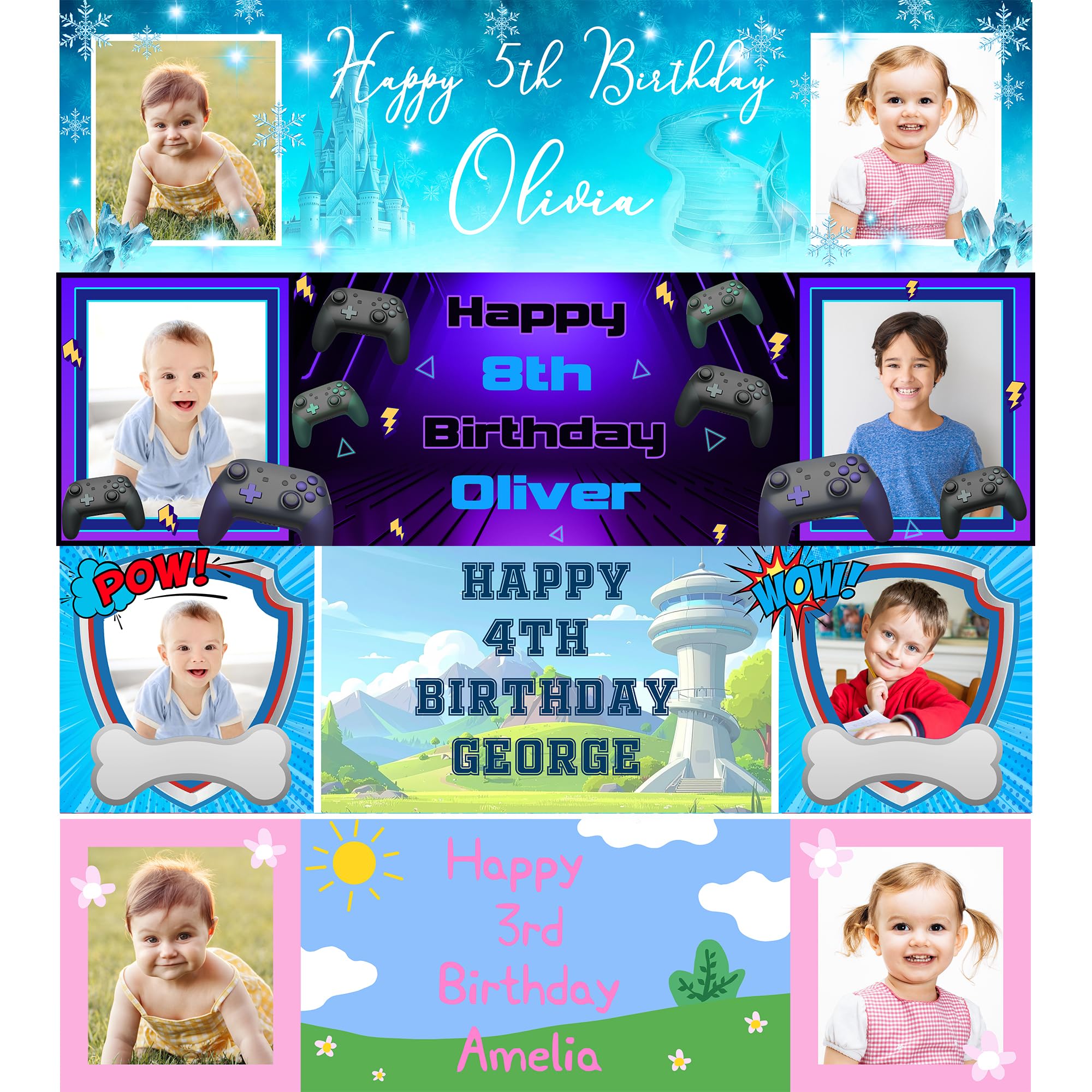 Personalised Party Banner with Photos – Custom Decoration for Kids – 140 x 35 cm Happy Birthday Sign for Girls and Boys - Gamer — image 1