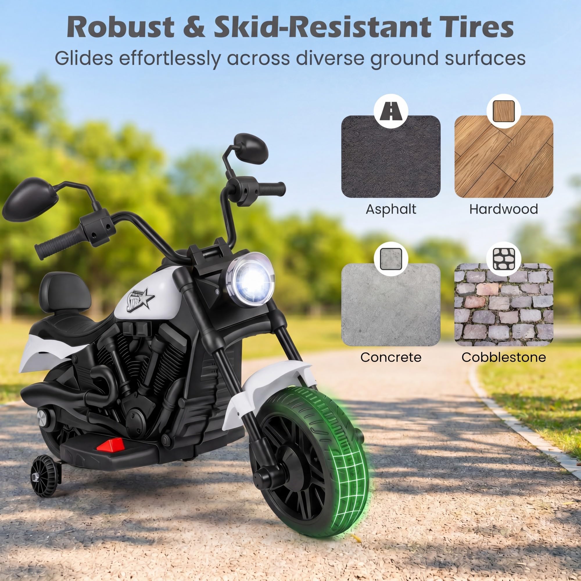KOMFOTTEU Moto Eléctrica para Niños, Moto de Batería de 6 V con Faro, Música, 2 Ruedas de Entrenamiento y Pedal, Motocicleta Eléctrica con Arranque con un Botón para Niños de 3+ Años (Blanco)