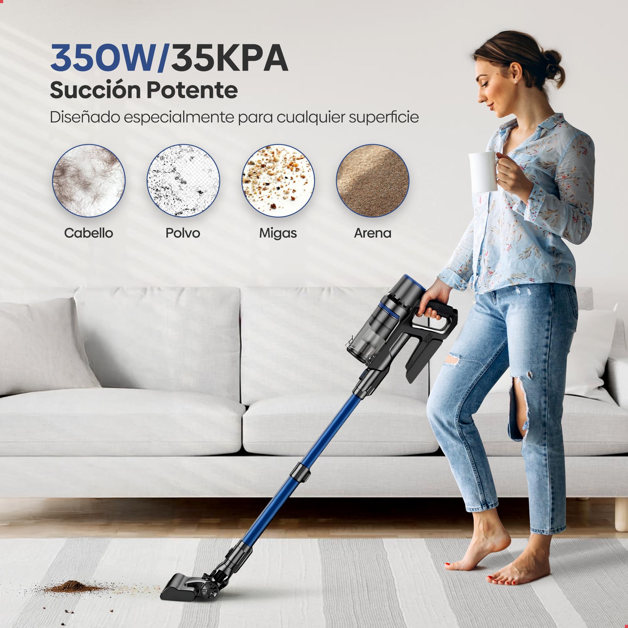 Olvy Aspiradora inalámbrica función de fregado – Aspiradora 2 en 1 sin Bolsa – Potencia de succión de 35.000 Pa, 5 Niveles – Pantalla LED – Ligera con Filtro HEPA y Accesorios