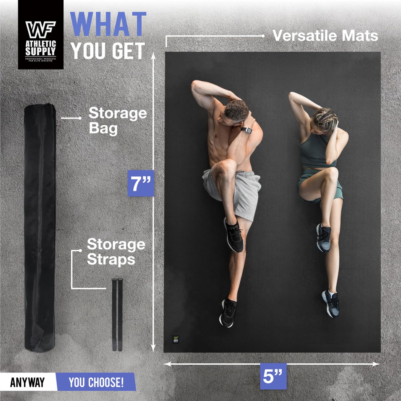 WF Athletic Supply Premium Large Exercise Floor Mats, 7' X 5' X 7 MM, Workout Mats for Home Gym Thick, Heavy-Duty Floor Mat for Gym, Cardio, Weightlifting, Exercise Equipment, Shoe-Friendly, Black