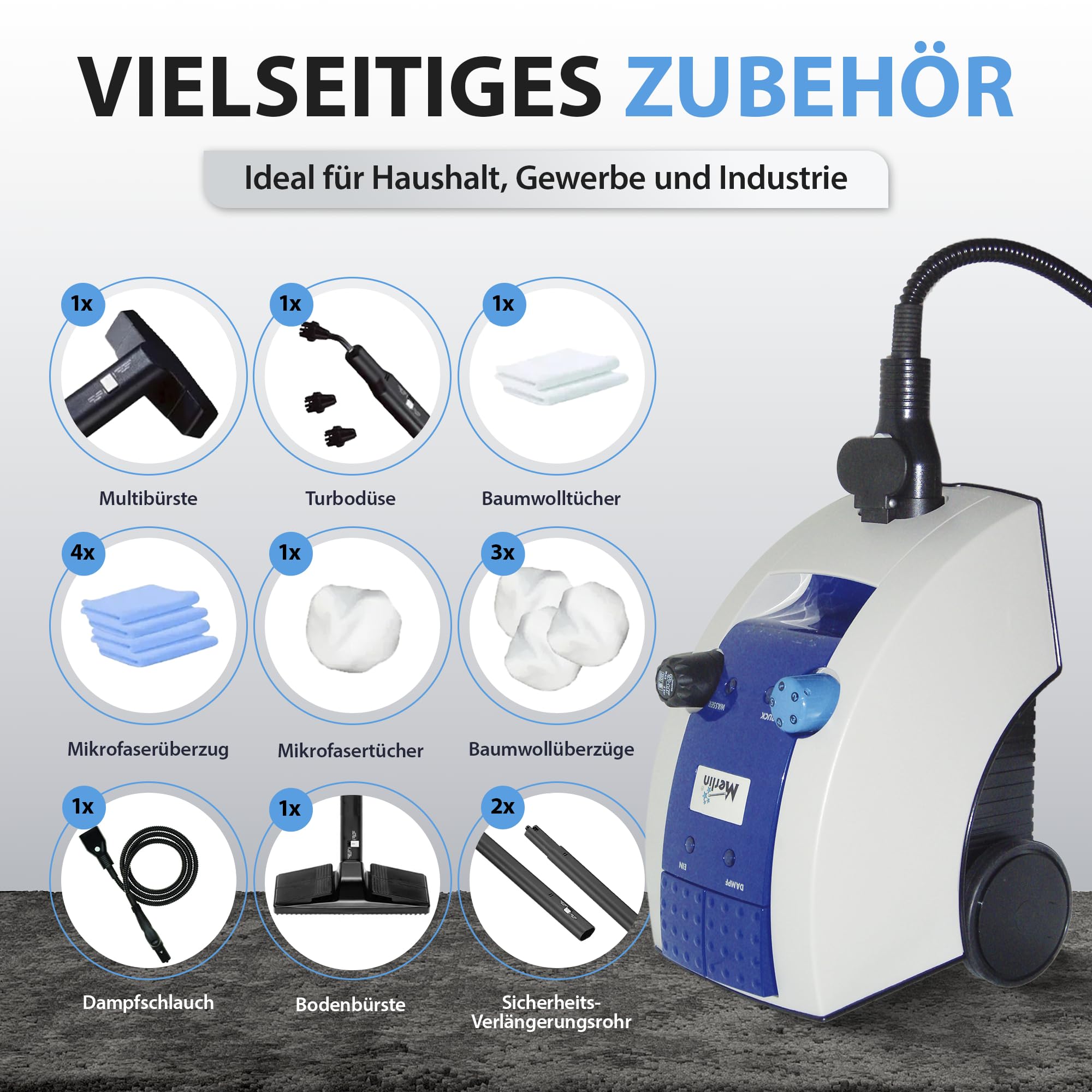 Tien® Merlin Royal Plus Dampfreiniger [Über 100 Einsatzgebiete & Chemiefrei] – Boden & Polsterreiniger mit Original Merlin-Zubehör – Dampfdruckreiniger Handgerät, Auto & Haushalt (4 bar Druck)