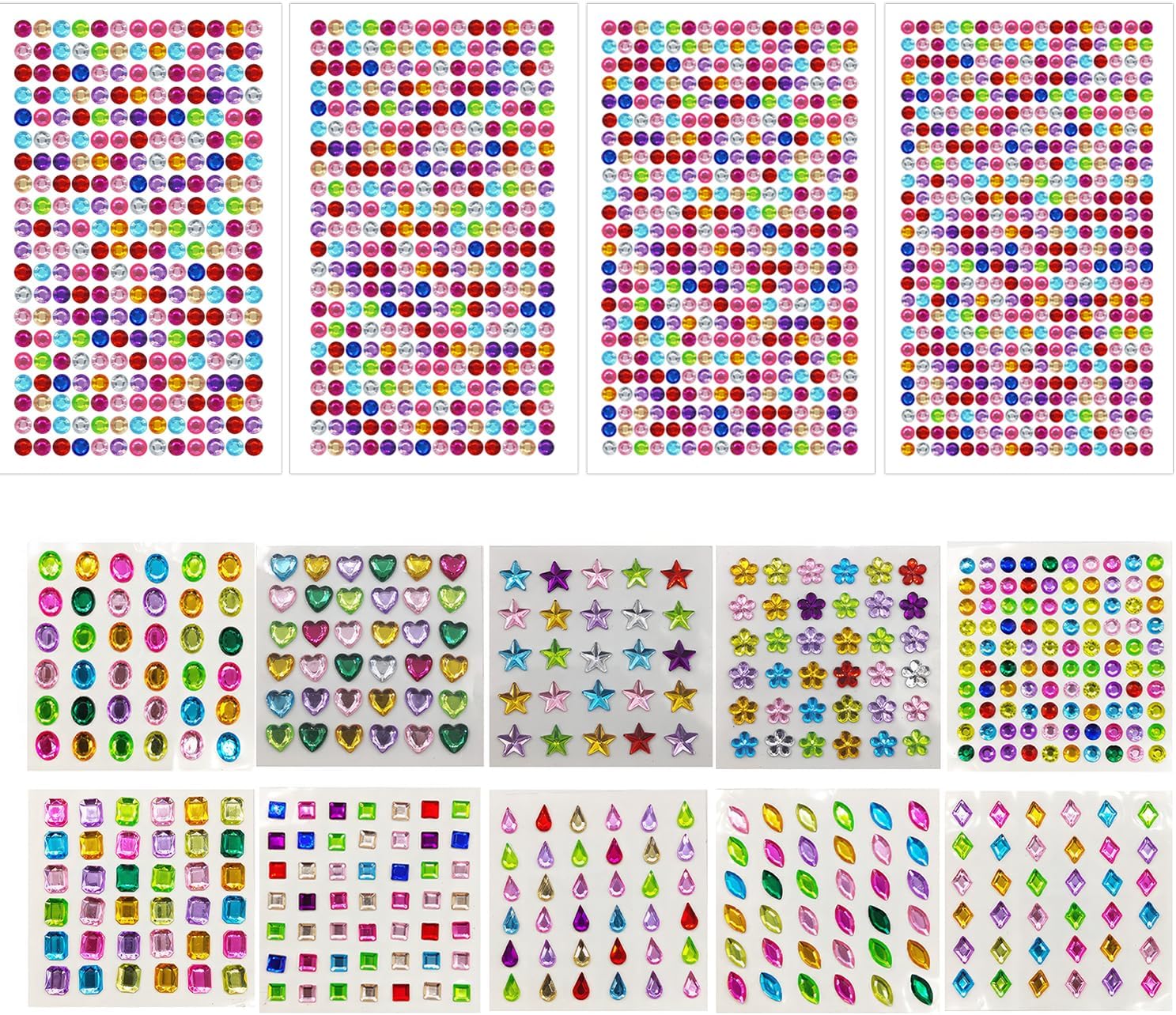 10 Sheets 2000+ Pcs Stick on Gems, Self-Adhesive Rhinestone Stickers, Assorted Shaped Crystal Gem Stickers, Multicolored Gemstones Stickers for Kids Crafts Scrapbooking Nail Body Makeup