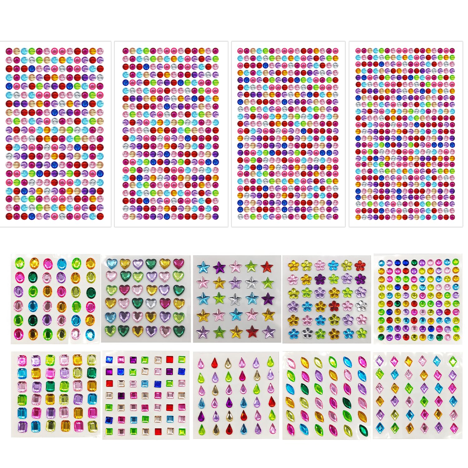 10 Sheets 2000+ Pcs Stick on Gems, Self-Adhesive Rhinestone Stickers, Assorted Shaped Crystal Gem Stickers, Multicolored Gemstones Stickers for Kids Crafts Scrapbooking Nail Body Makeup