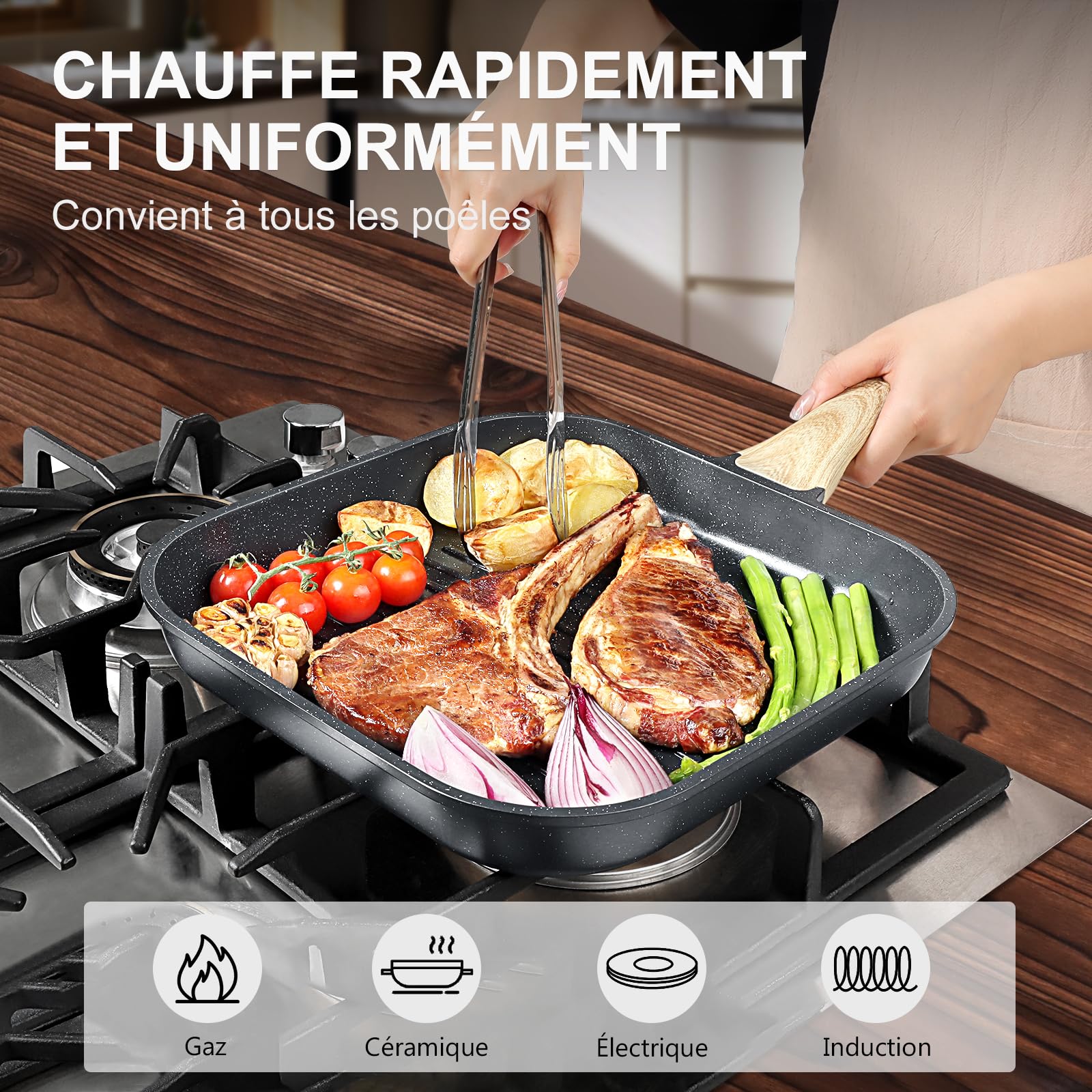 GiPP Poêle grill 28 x 28 cm, poêle à induction en aluminium moulé sous pression avec revêtement antiadhésif en granit, 100 % sans PFOA, convient pour tous les types de cuisinières (gris, 28 cm)