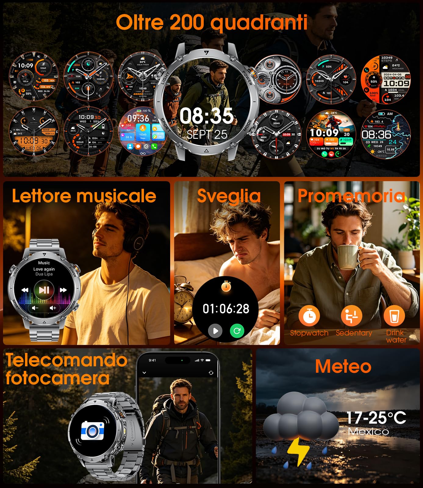 LIGE Smartwatch Uomo Militare, Batteria 1400mAh 14 Giorni, Display HD 1,7", Torcia LED, Chiamate Bluetooth, 110+ Modalità Sportive, IP68 Waterproof, Smart Watch for Android iOS, 2 Cinturini
