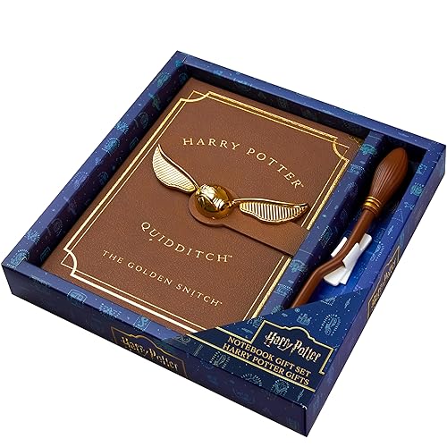 Harry Potter A5 Notebook Set with Broomstick Pen for Kids, Teens, Faux Leather Cover, Golden Snitch Detail